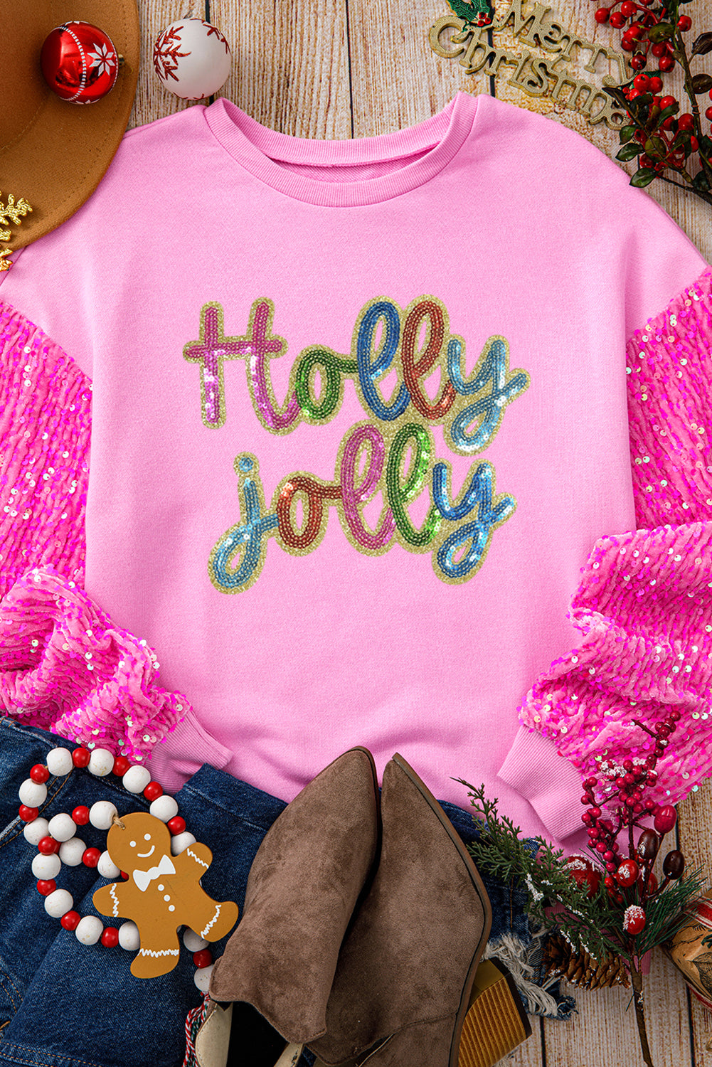 Pink Holly Jolly Letter Sequins Patch Drop Shoulder Patchwork Long Sleeve Top Graphic Apparel 9e694614f7d55736