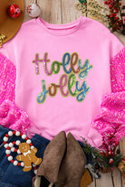 Pink Holly Jolly Letter Sequins Patch Drop Shoulder Patchwork Long Sleeve Top Graphic Apparel 9e694614f7d55736
