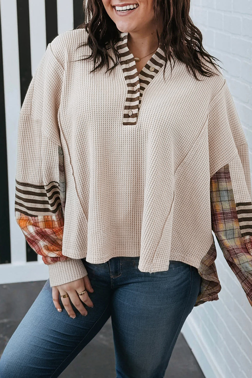 Parchment Plus Size Waffle Striped Plaid Patchwork Henley Pullover Plus Size Tops 9e7b07598bc11010