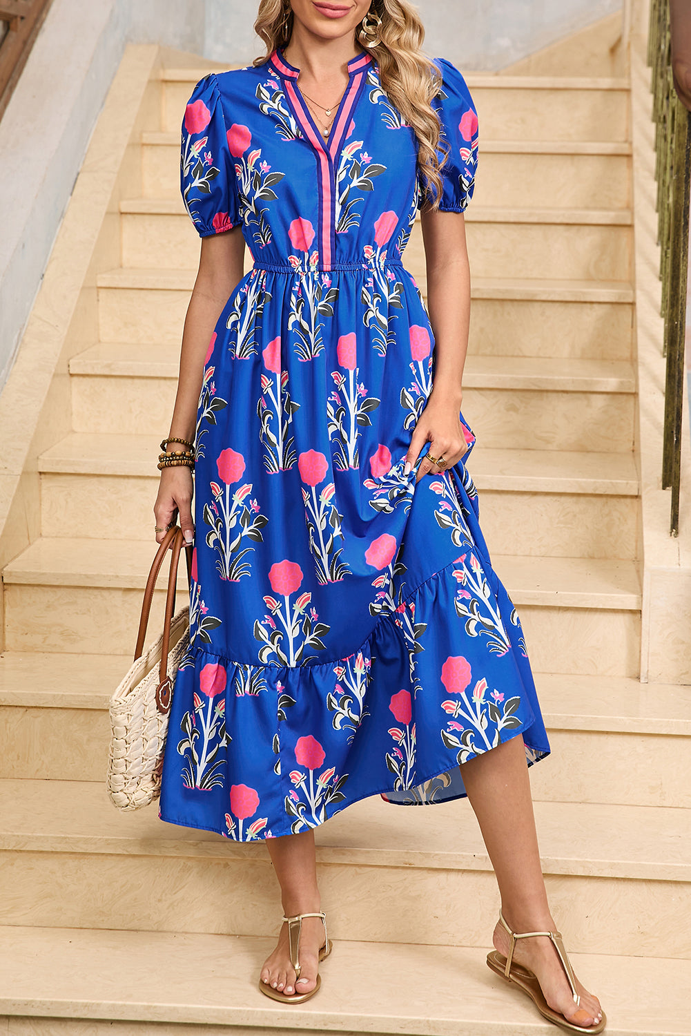 Blue Floral Ruffle Hem Pop of Color Neckline Dress Midi Dresses 9e87b8055ca15056
