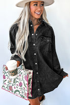 Medium Grey Chest Pocket Raw Hem Denim Loose Shirt Dress Short Dresses 9ea95fd3e8128811