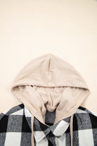 Black Plaid Patchwork Drawstring Hooded Raw Hem Shacket Jackets 9ec42f2069e8cfb5