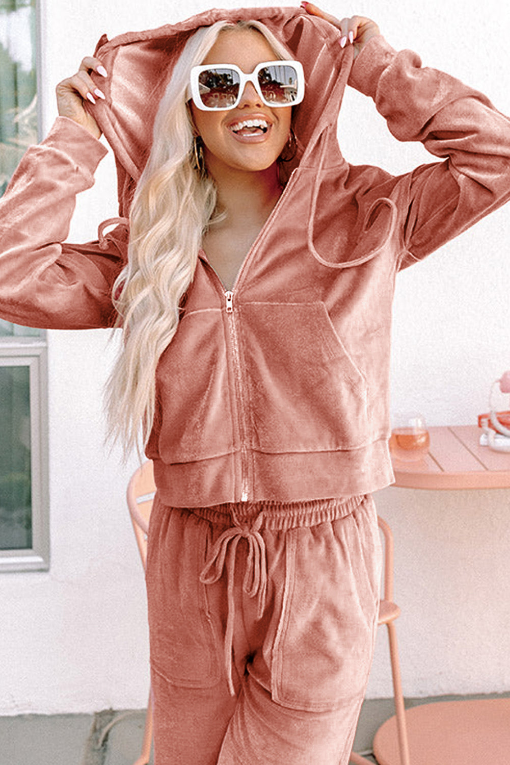 Peach Blossom Velvet Zip-up Hoodie and Wide Leg Pants Set Two Piece Pants Sets 9ed1e7da52d3f31f