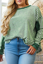 Green Stripe Exposed Seam Patchwork Plus Size Thermal Waffle Top Plus Size Tops 9f044f23f4f2ad0f