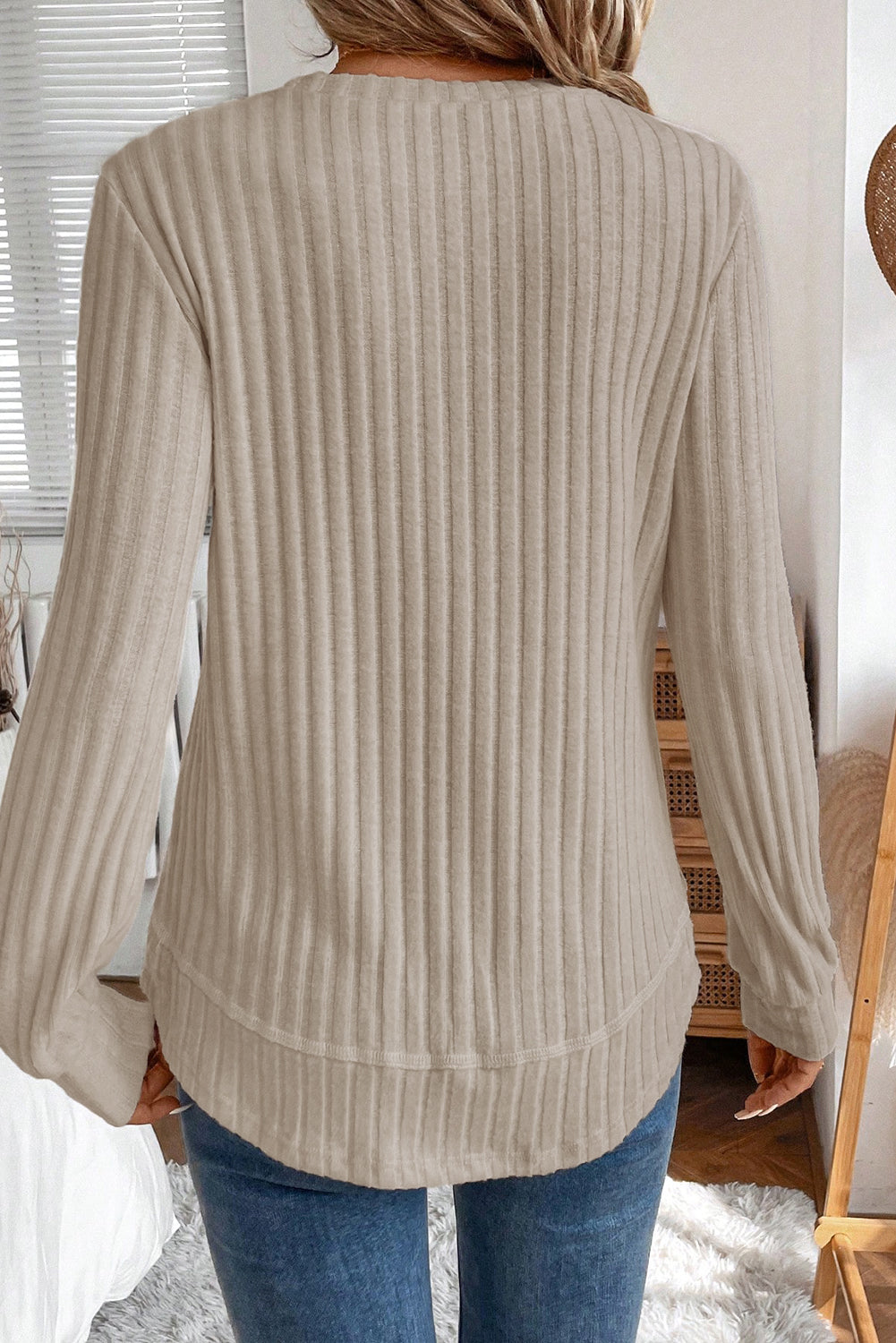 Ribbed Texture Round Neck Long Sleeve Rounded Hem Top Long Sleeve Tops 9f0579230df4890d
