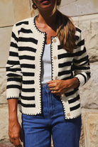 Black Striped Chic Button Round Neck Knit Cardigan Cardigans 9f0aea61670a746f