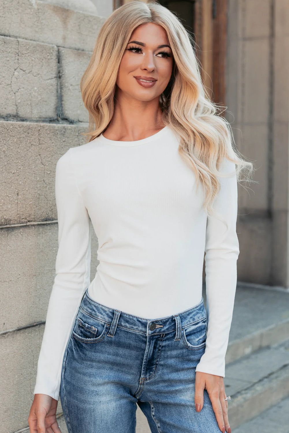 White Ribbed Long Sleeve Crew Neck Solid Color Bodysuit Bodysuit 9f0b0c1a023afb20