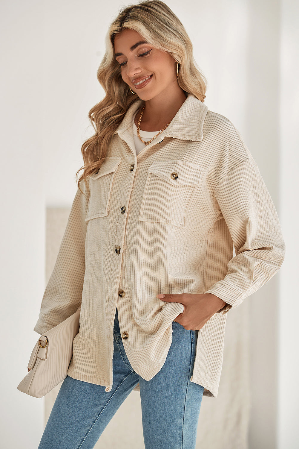 Oatmeal Corduroy Flap Pocket Button Up Shacket Jackets 9f20bcafaee12b5f