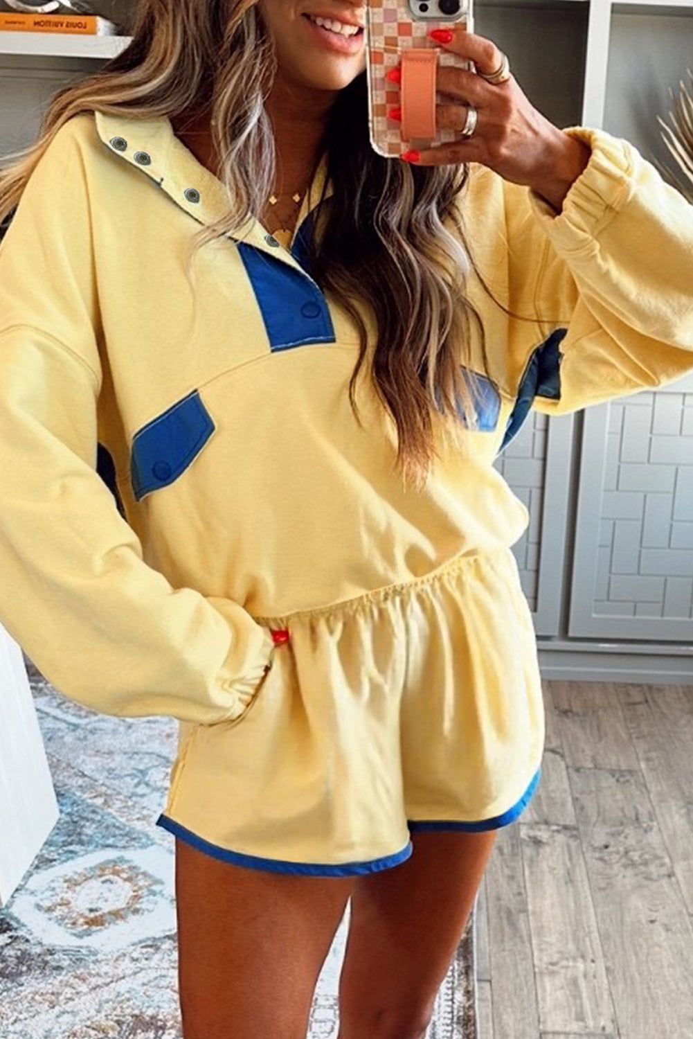 Yellow Colorblock Patchwork Half Button Pullover and Shorts Outfit Two Piece Shorts Sets 9f82f61cdf083269