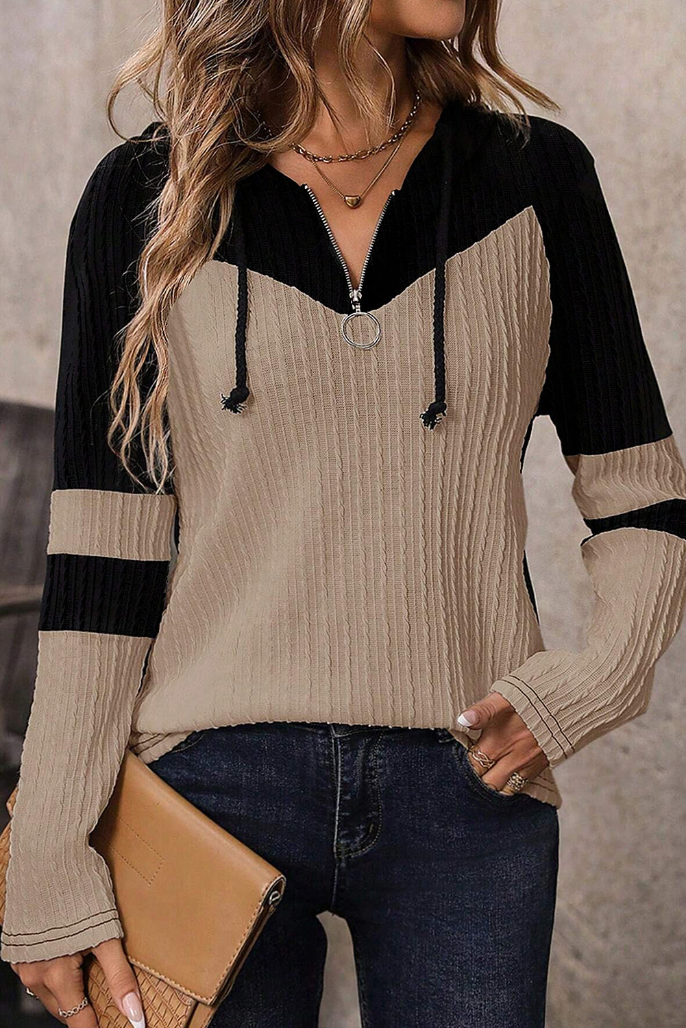 Parchment Textured Patchwork Long Sleeve Hooded Top Long Sleeve Tops 9f89f83f702b4769
