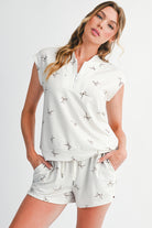 Beige Bow Print Half Zip Tank Top and Shorts Set Two Piece Shorts Sets 9f8c0ea625c0d908