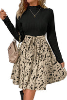 Black Ribbed Knit Patchwork Abstract Print Belted Short Dress Short Dresses 9fc192524d6e4538