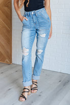 BeautybyShree Aiden High Rise Patch Pocket Distressed Boyfriend Jeans