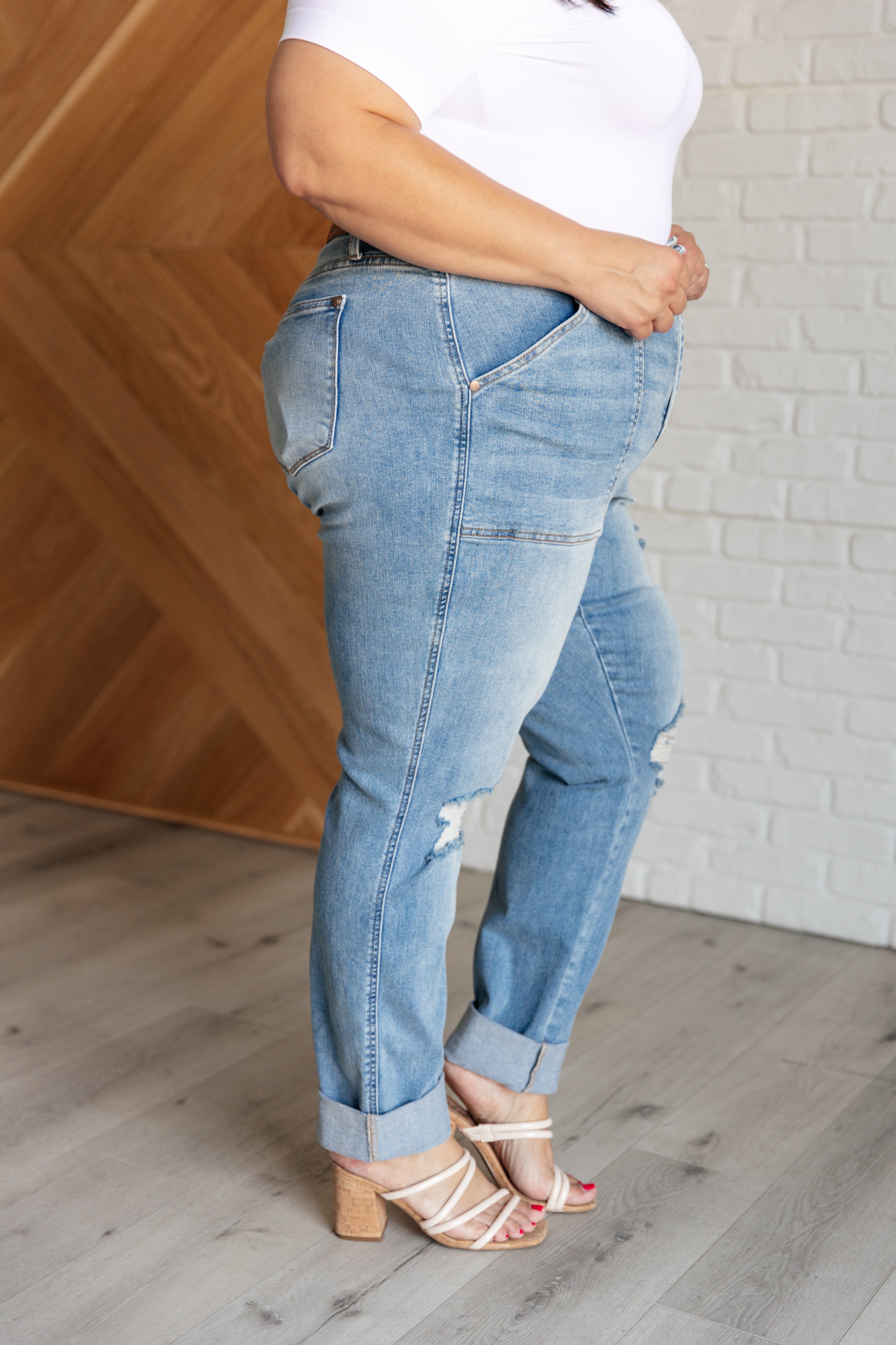 BeautybyShree Aiden High Rise Patch Pocket Distressed Boyfriend Jeans