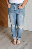 BeautybyShree Aiden High Rise Patch Pocket Distressed Boyfriend Jeans