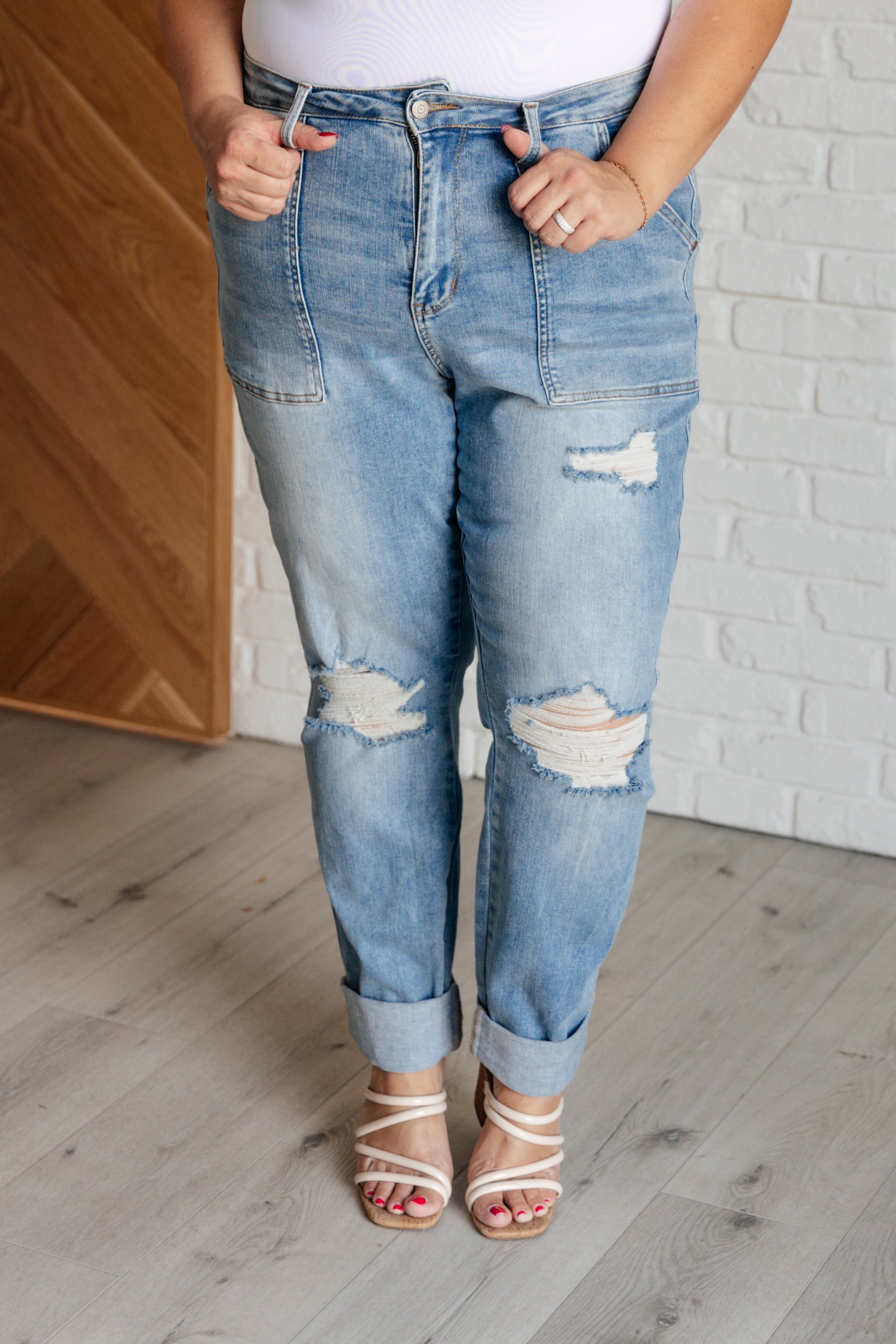 BeautybyShree Aiden High Rise Patch Pocket Distressed Boyfriend Jeans