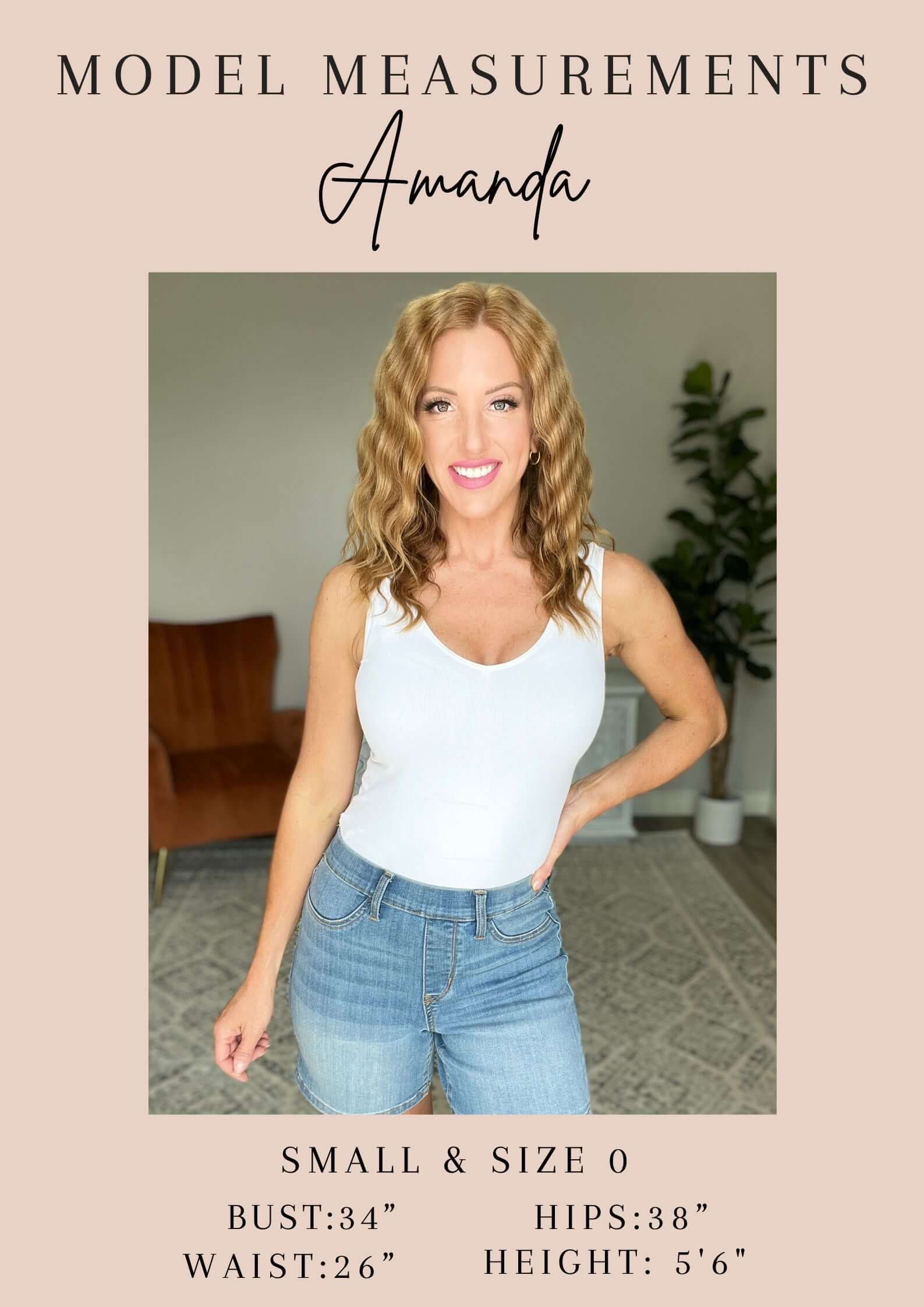 Model Amanda wearing white tank top and jeans, showing measurements: bust 34", waist 26", hips 38", height 5'6" - Small & Size 0