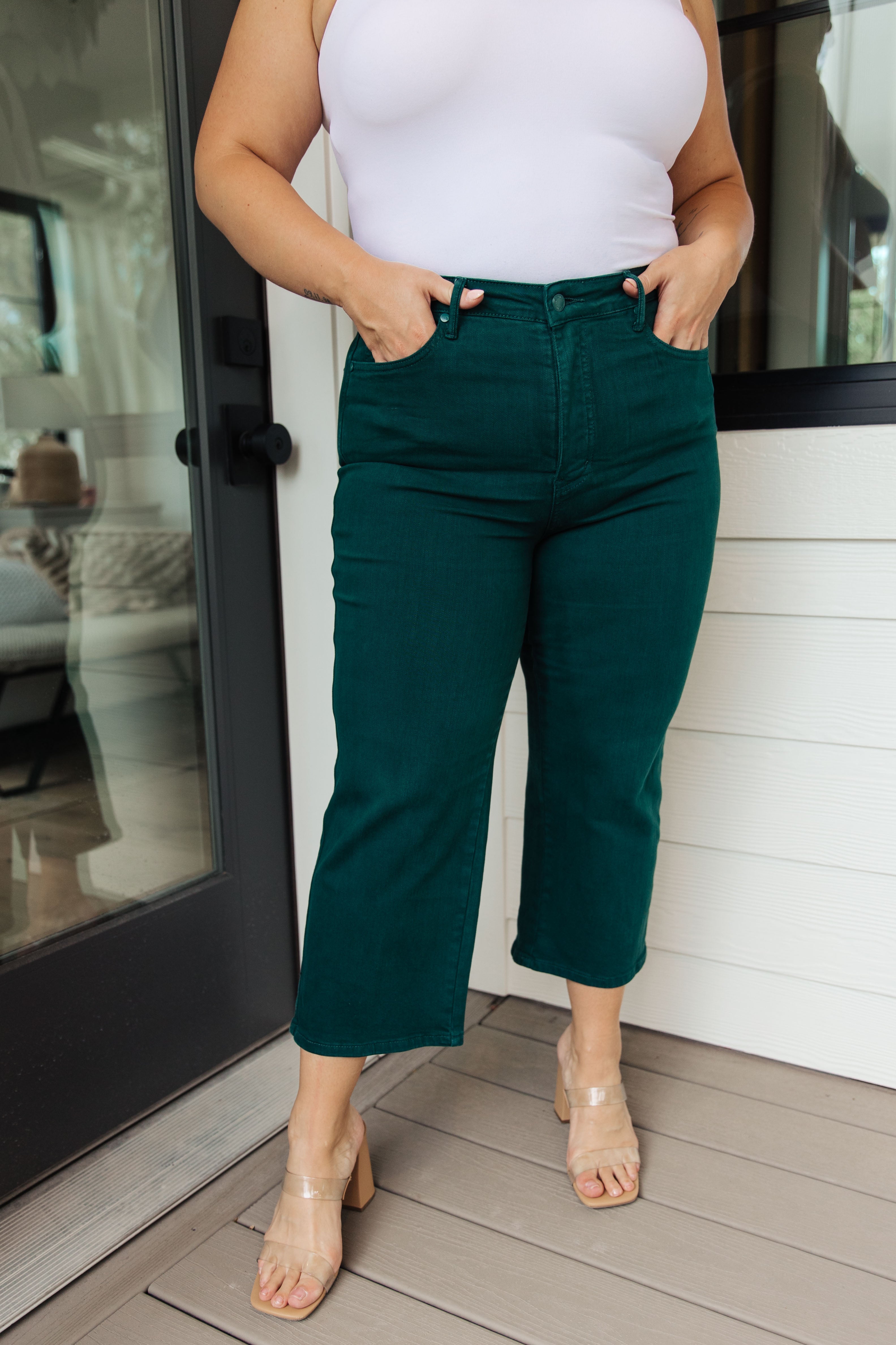 BeautybyShree Briar High Rise Control Top Wide Leg Crop Jeans in Teal