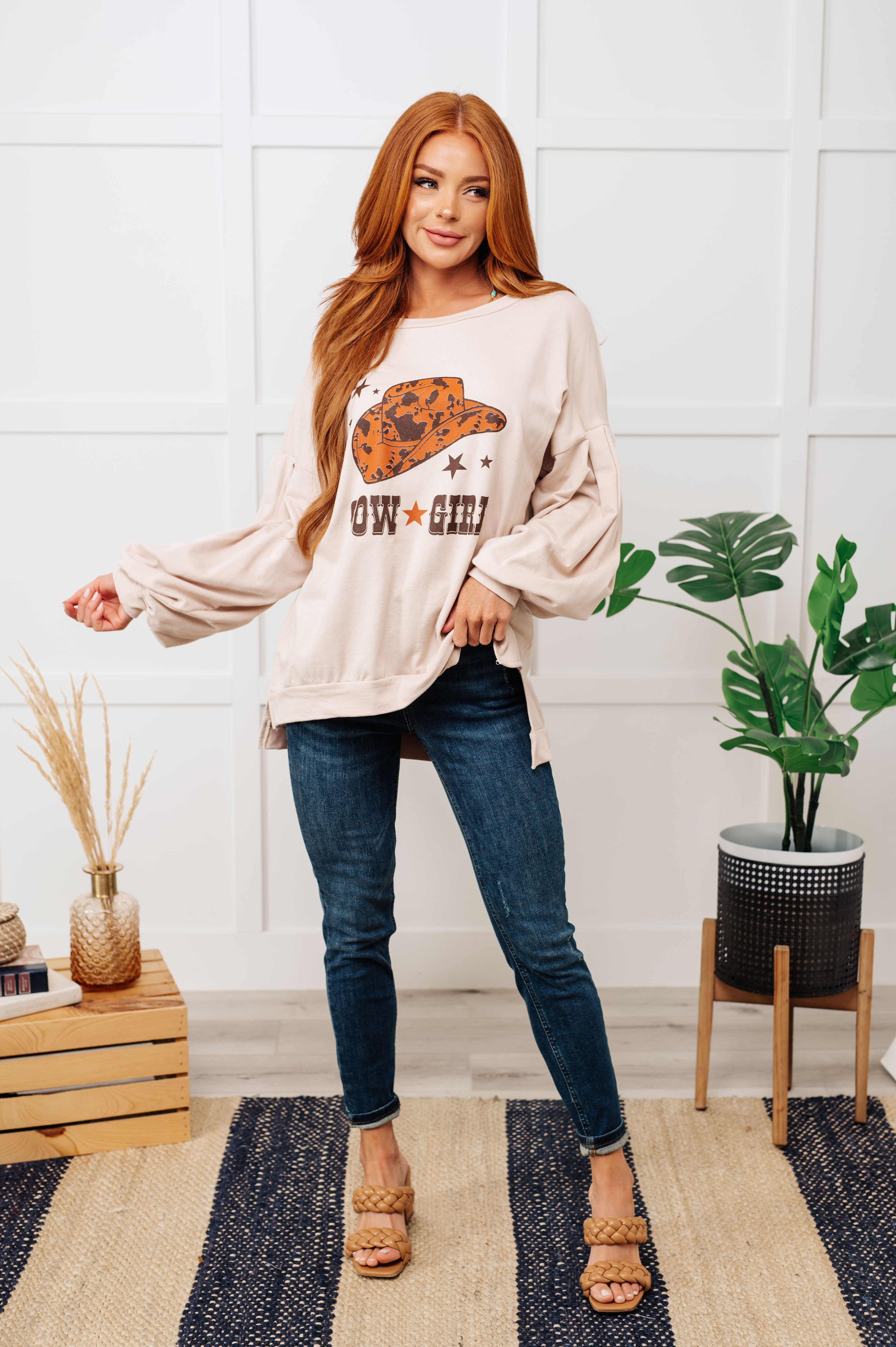 BeautybyShree Cow Girl Graphic Pullover in Stone