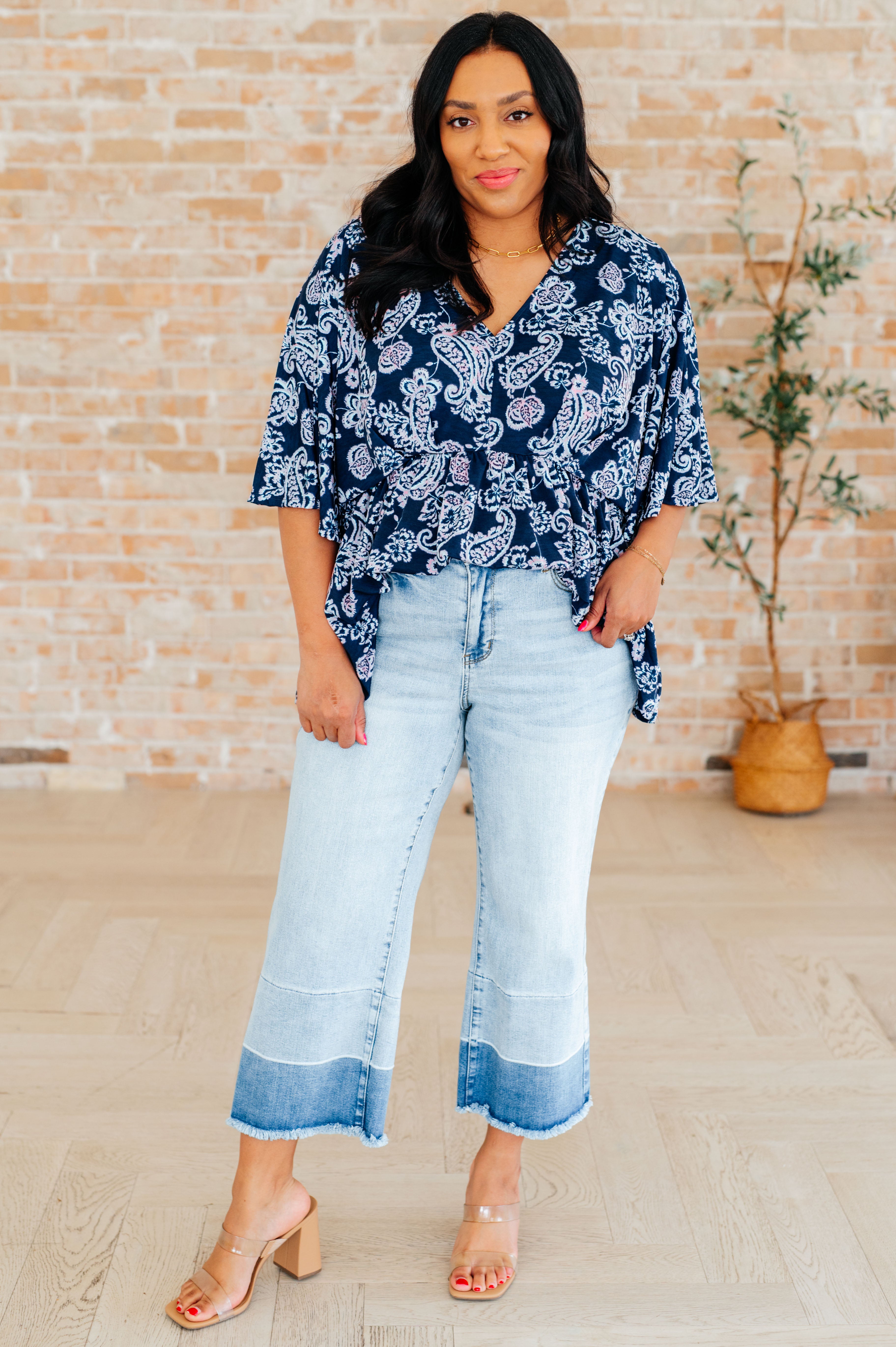 BeautybyShree Dreamer Peplum Top in Navy and Pink Paisley