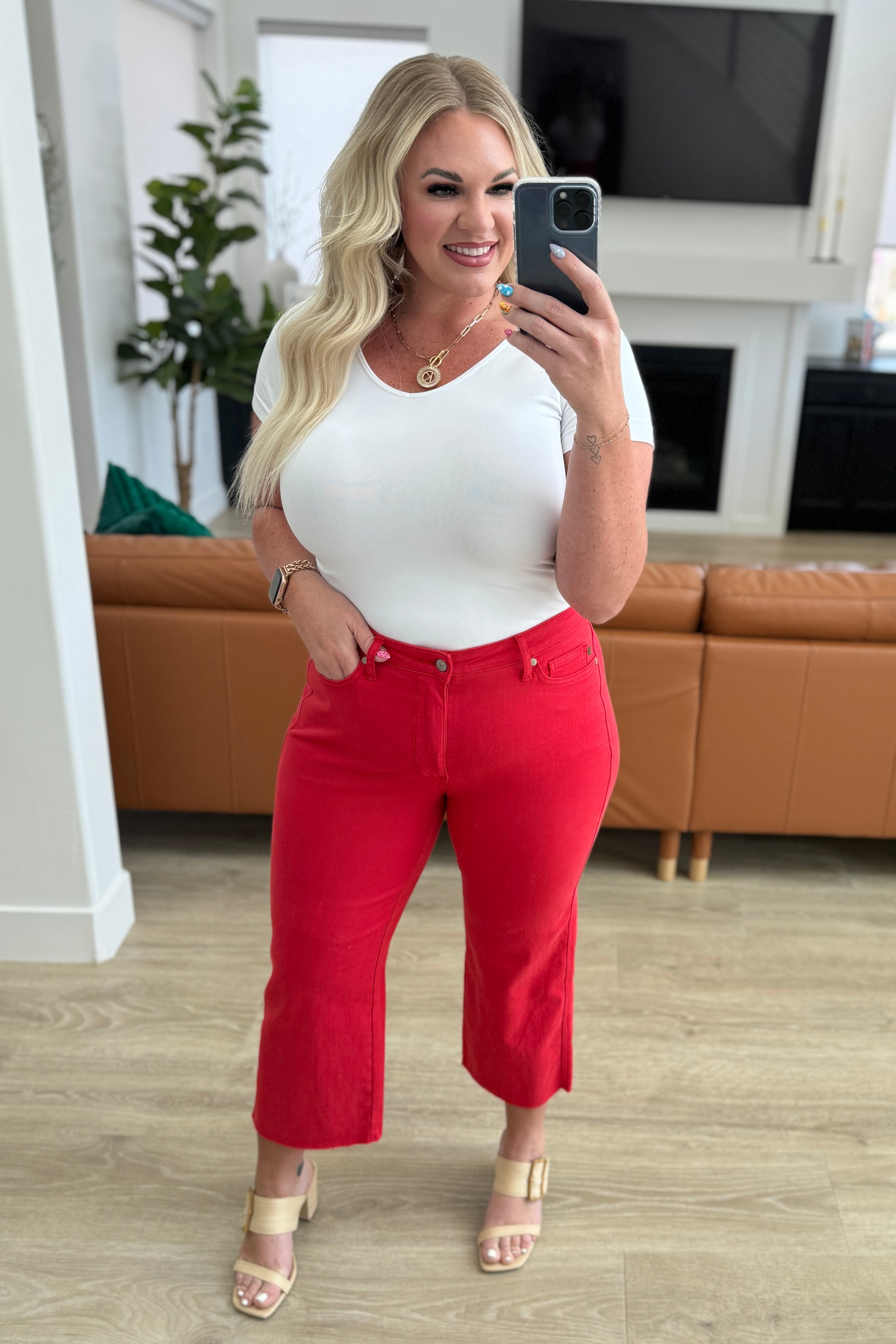 BeautybyShree Lisa High Rise Control Top Wide Leg Crop Jeans in Red