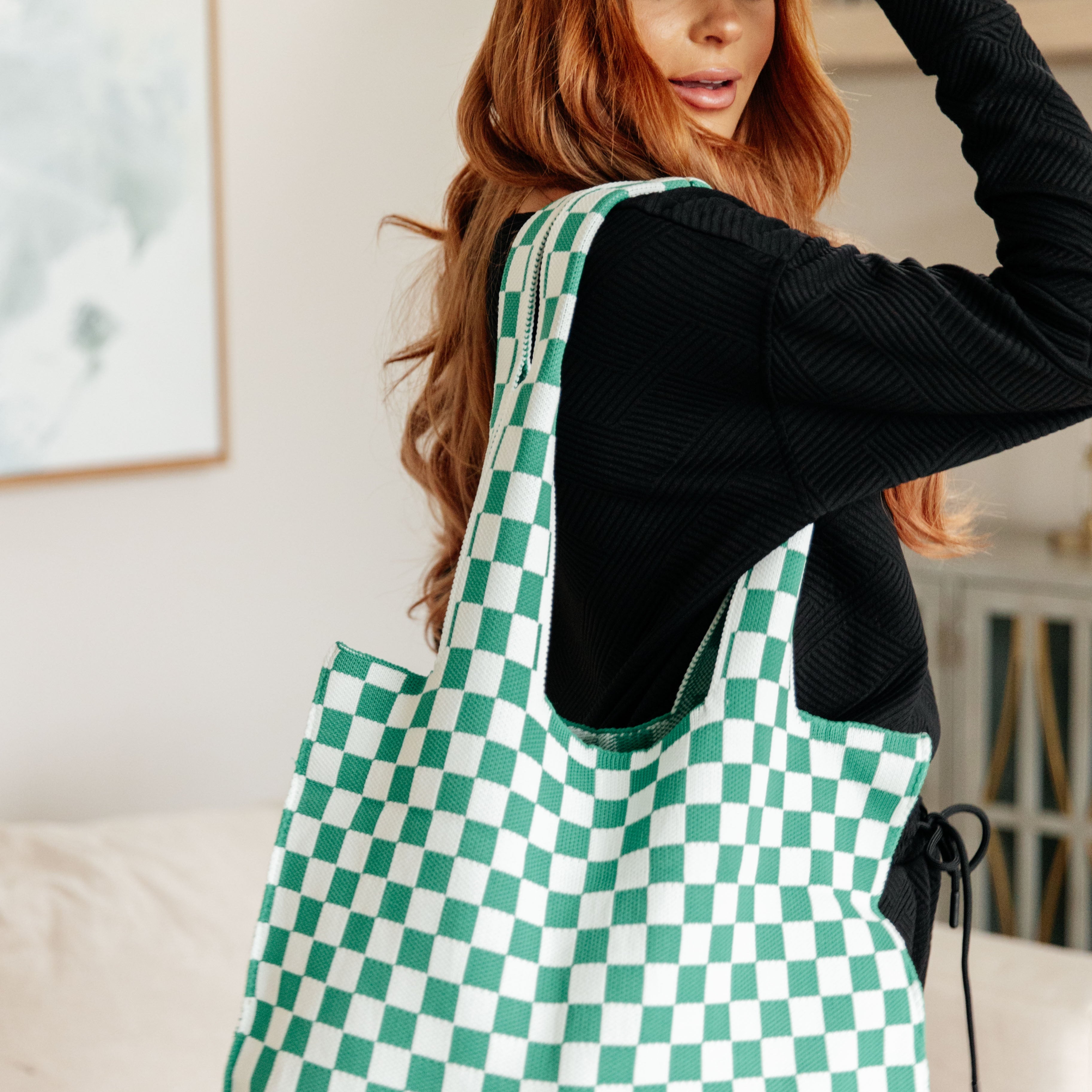 Checkerboard Lazy Wind Big Bag in Green & White