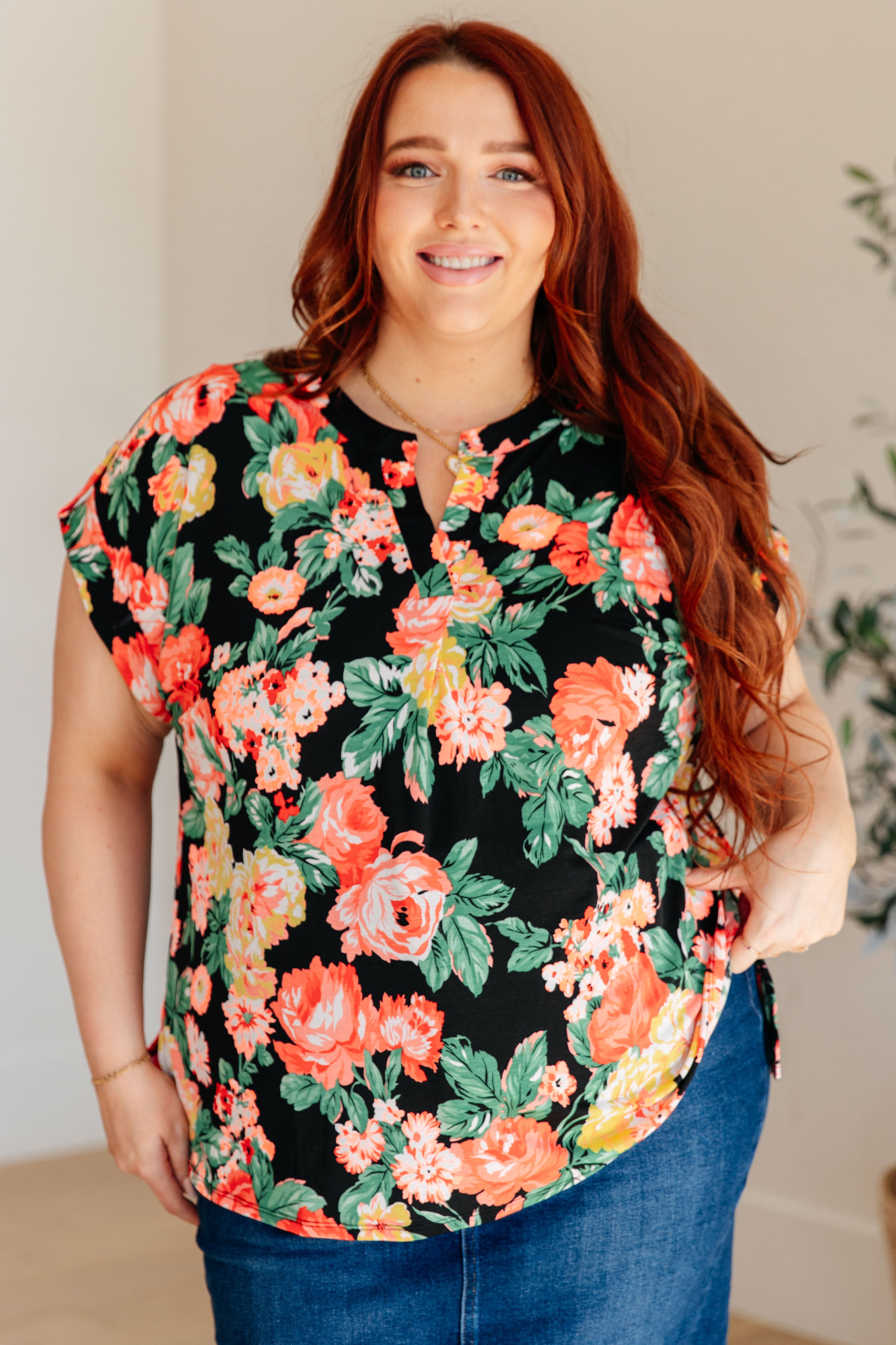 BeautybyShree Lizzy Cap Sleeve Top in Black Garden Floral