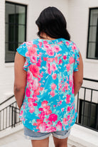 BeautybyShree Lizzy Flutter Sleeve Top in Blue and Pink Roses