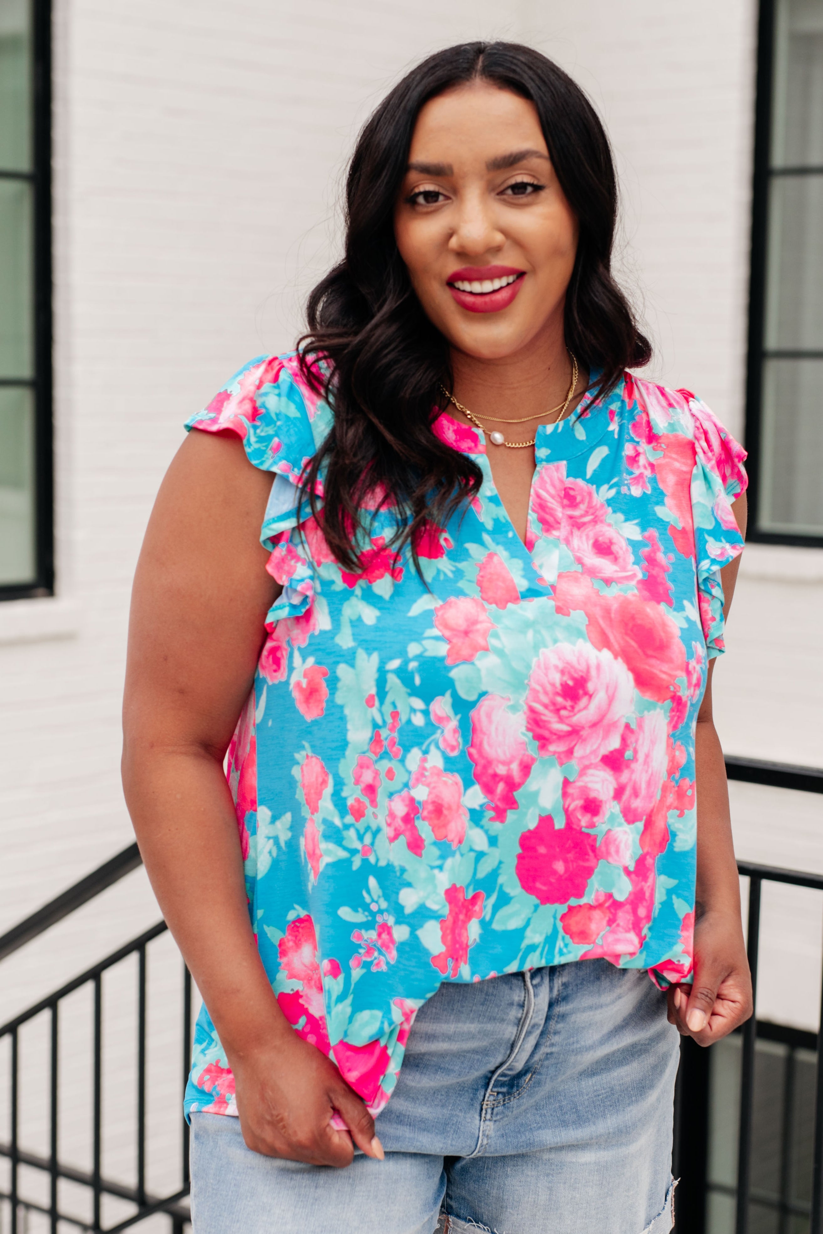 BeautybyShree Lizzy Flutter Sleeve Top in Blue and Pink Roses