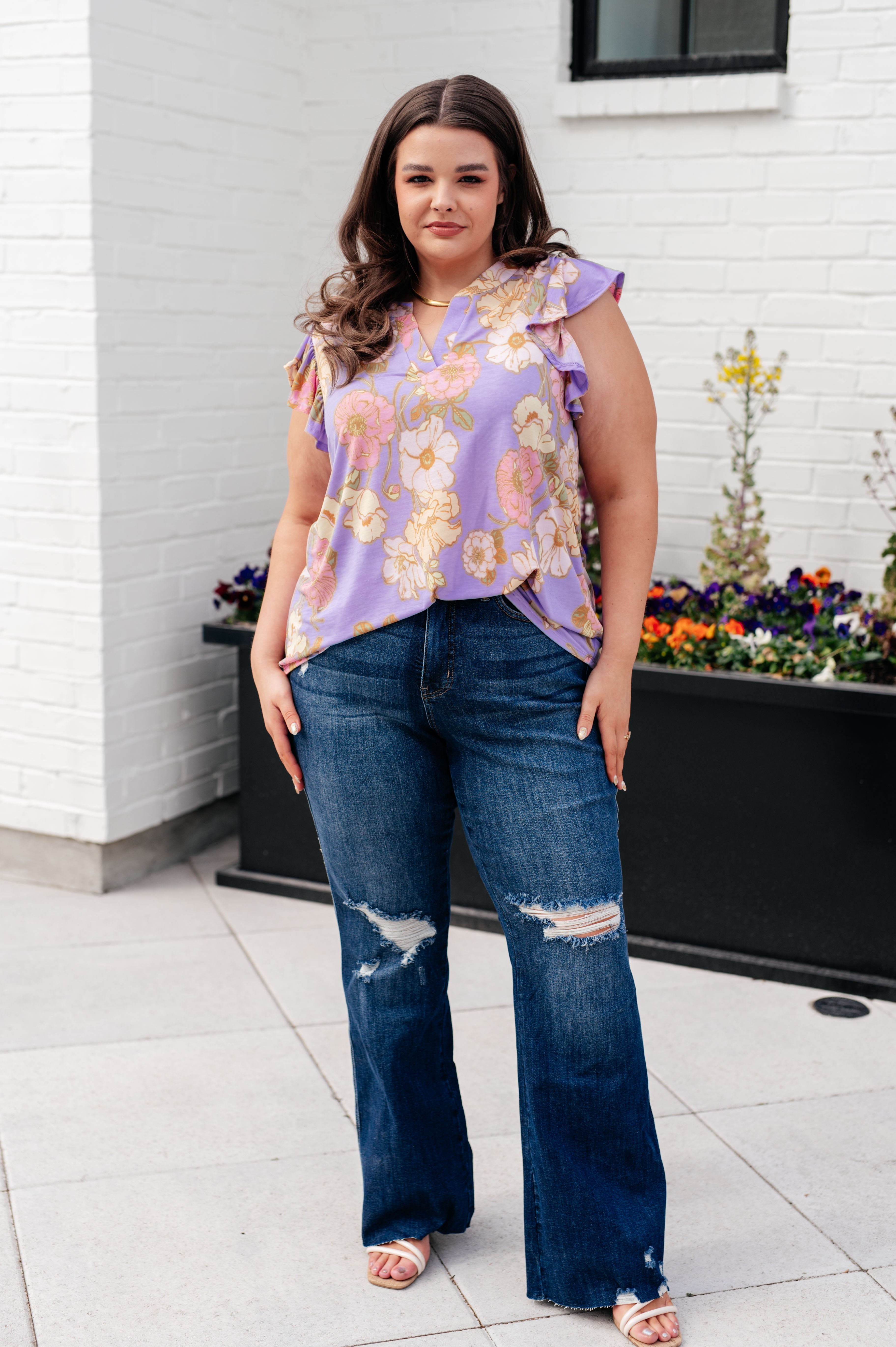 BeautybyShree Lizzy Flutter Sleeve Top in Lavender French Floral