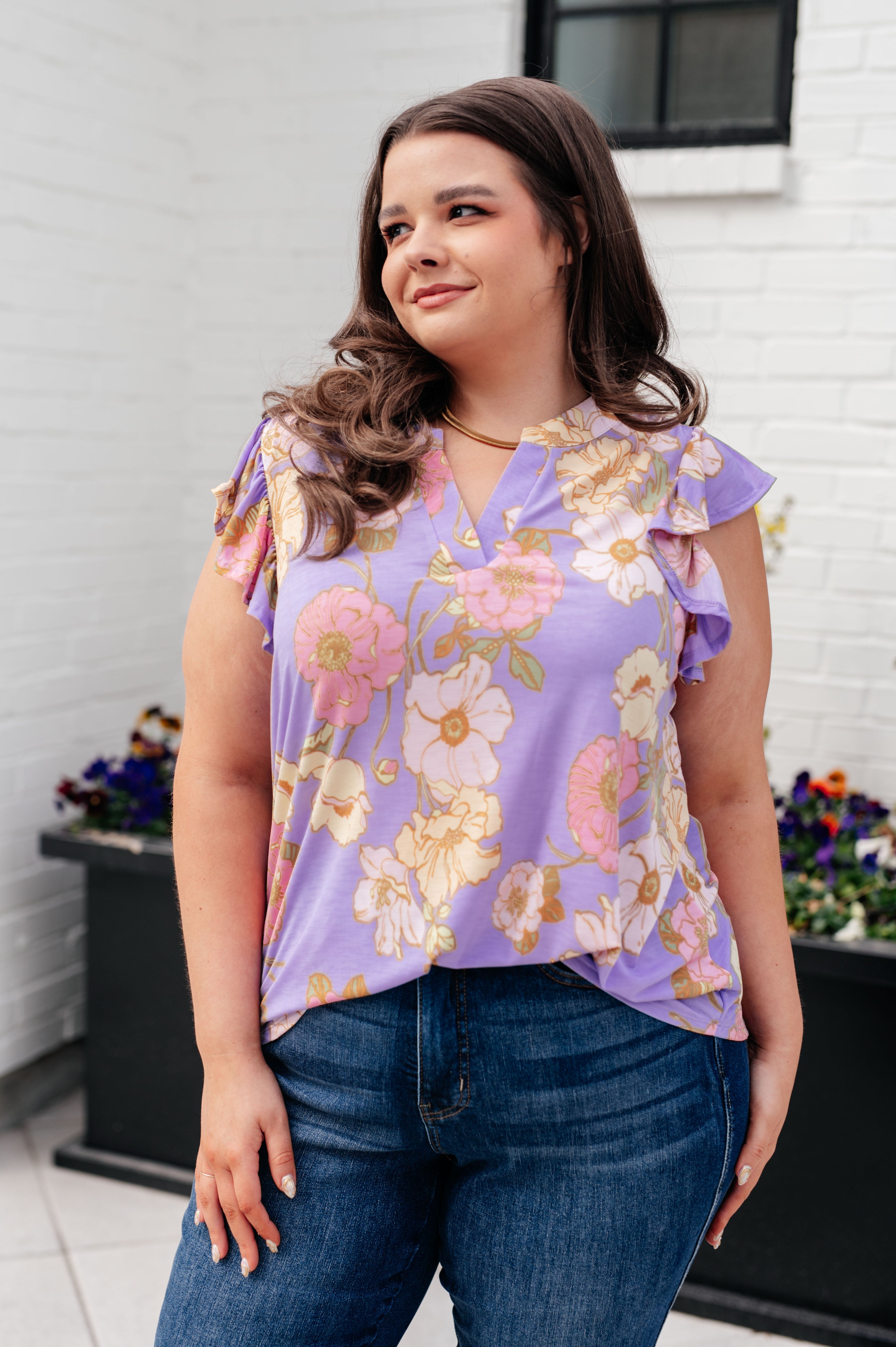 BeautybyShree Lizzy Flutter Sleeve Top in Lavender French Floral