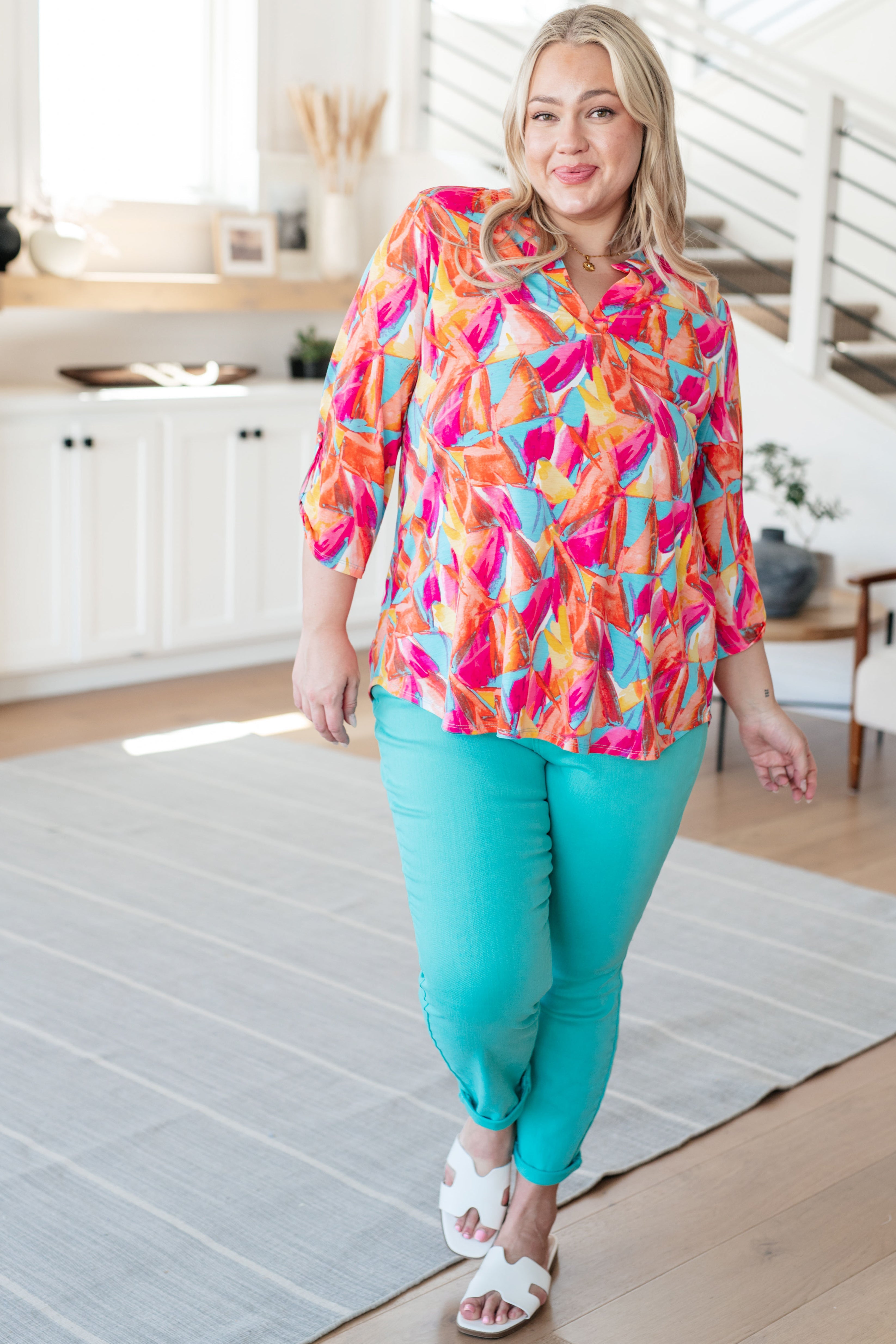 BeautybyShree Lizzy Top in Teal and Hot Pink Abstract Fans