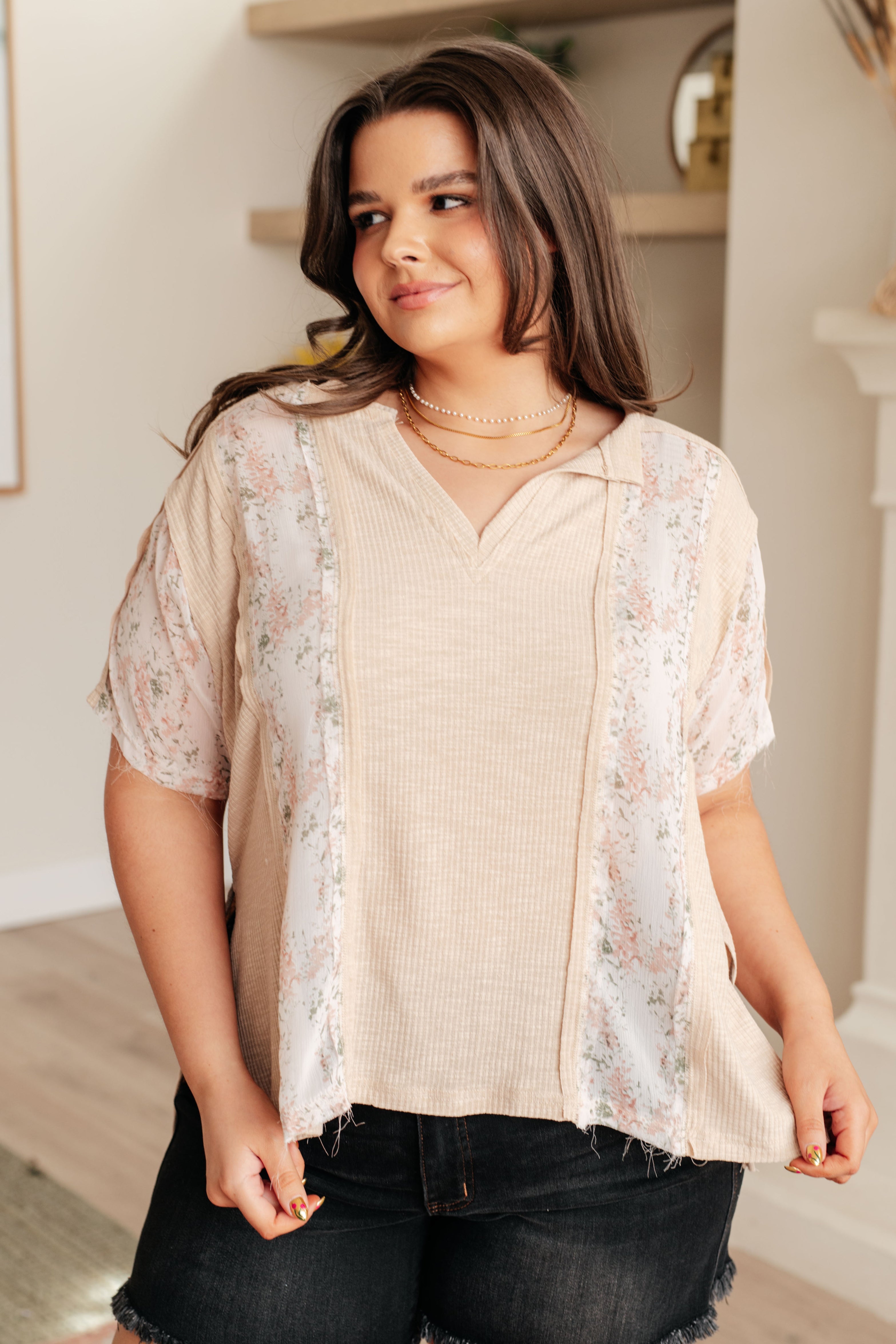 BeautybyShree Mention Me Floral Accent Top in Toasted Almond