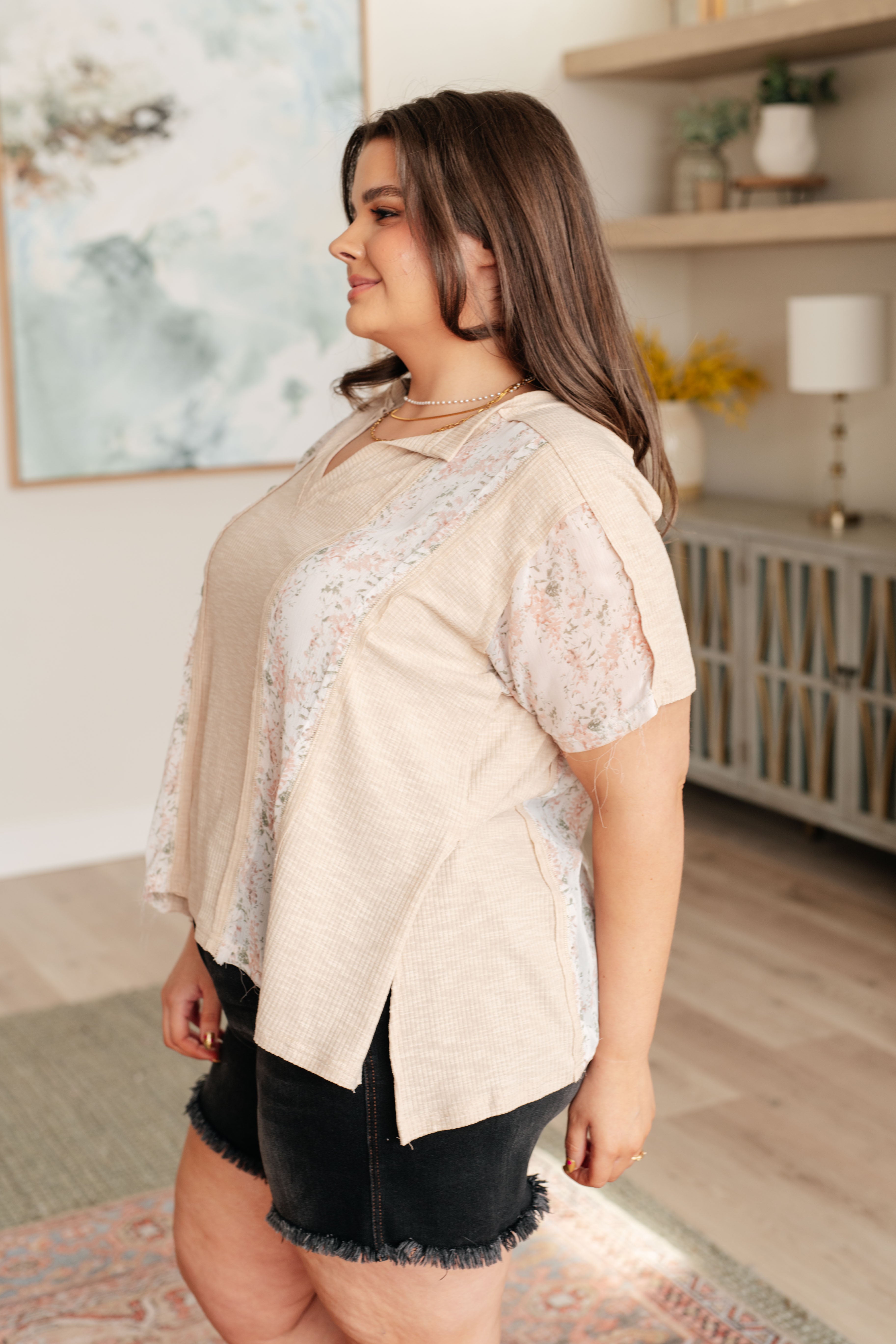 BeautybyShree Mention Me Floral Accent Top in Toasted Almond