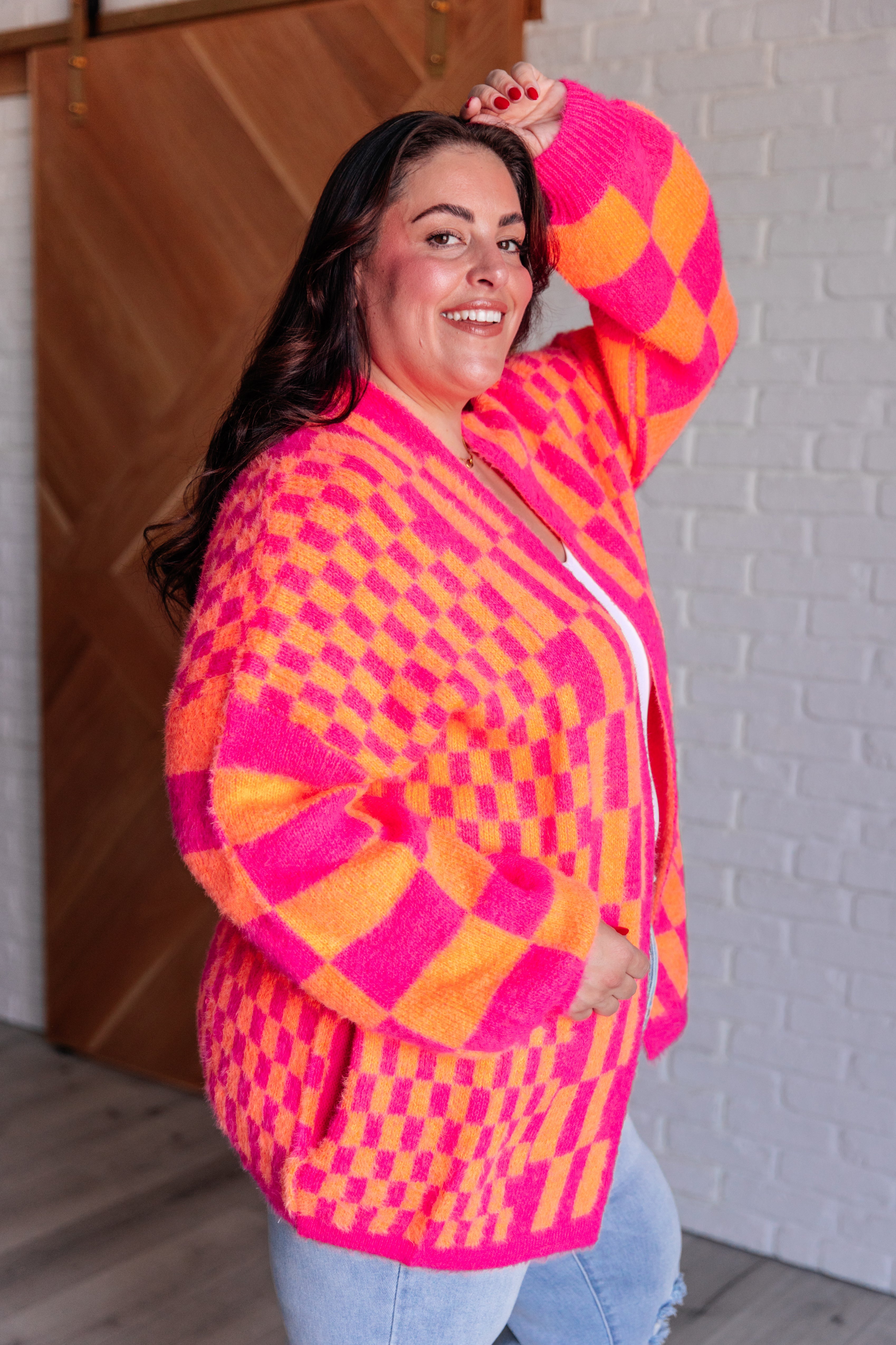 BeautybyShree Noticed in Neon Checkered Cardigan in Pink and Orange