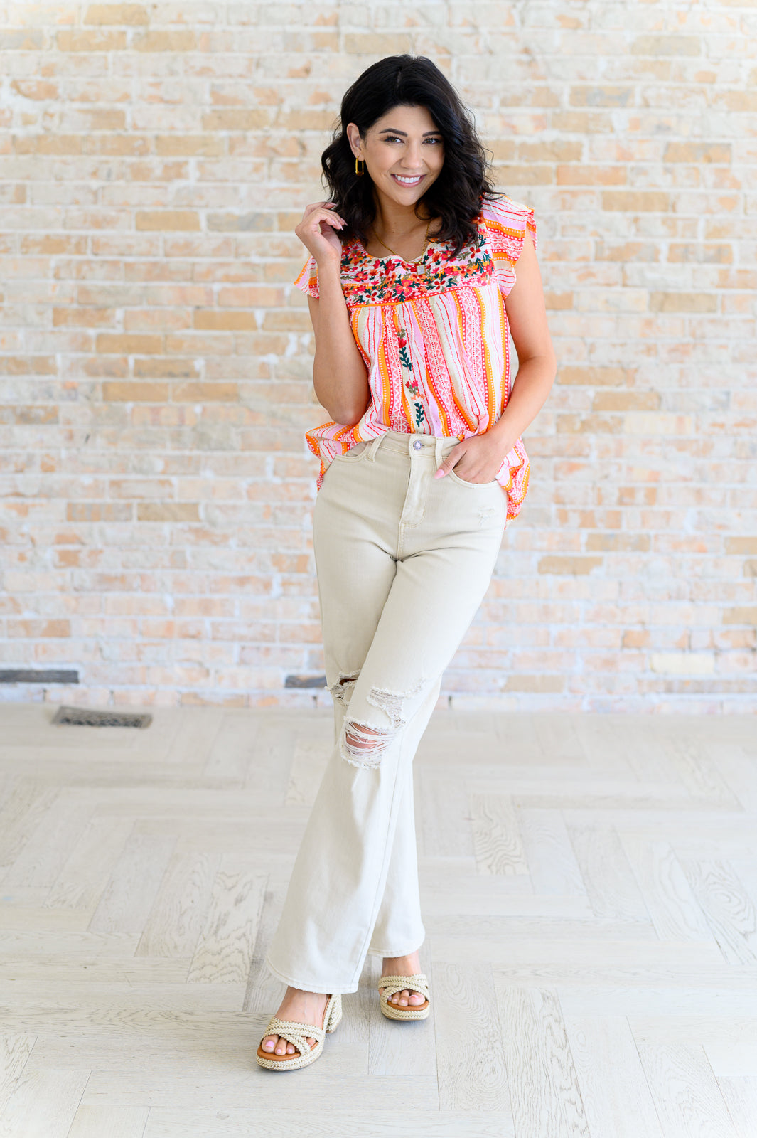 BeautybyShree Orange Blossoms Flutter Sleeve Blouse