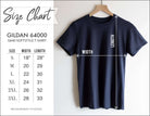 Gildan 64000 size chart showing shirt measurements and dimensions for sizes S to 3XL, with an example black tee on a wooden hanger.