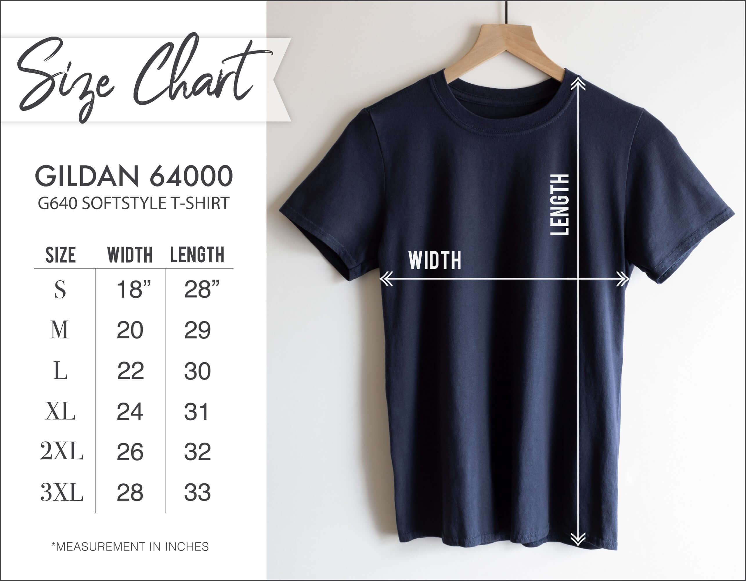 Gildan 64000 G640 Softstyle T-Shirt size chart with measurements for widths and lengths displayed on a hanging black tee.