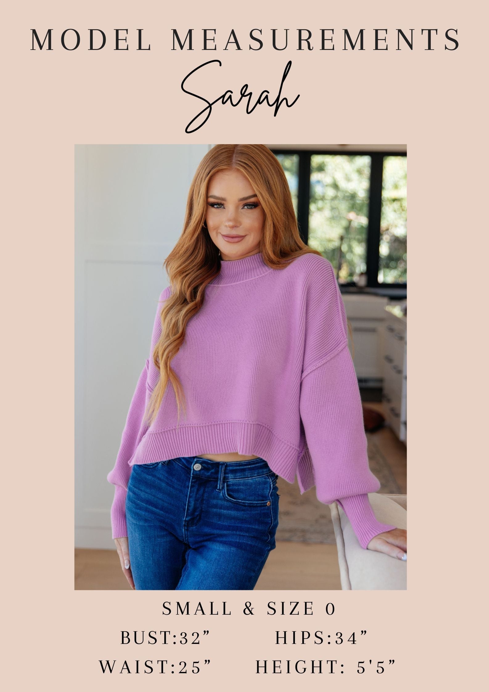 Model Sarah wearing a pink sweater and blue jeans with measurements: Bust 32", Waist 25", Hips 34", Height 5'5", Size Small & Size 0