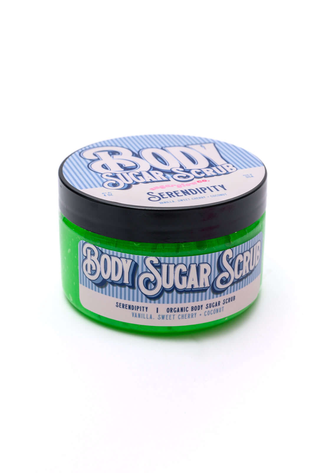 SugarGlowCo. Body Scrub Serendipity *Almost Perfect in green jar with black lid, organic ingredients, high-quality custom product