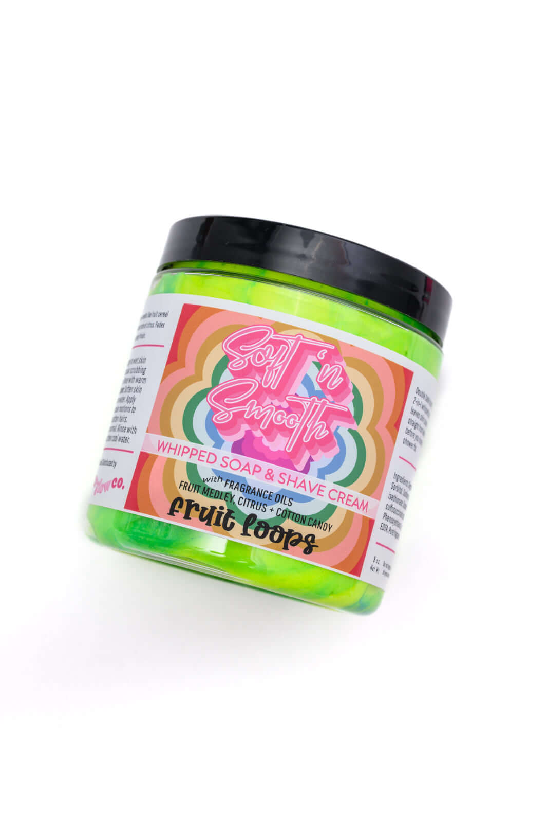 SugarGlowCo. Whipped Soap Fruit Loops *Almost Perfect jar with colorful label and green container.