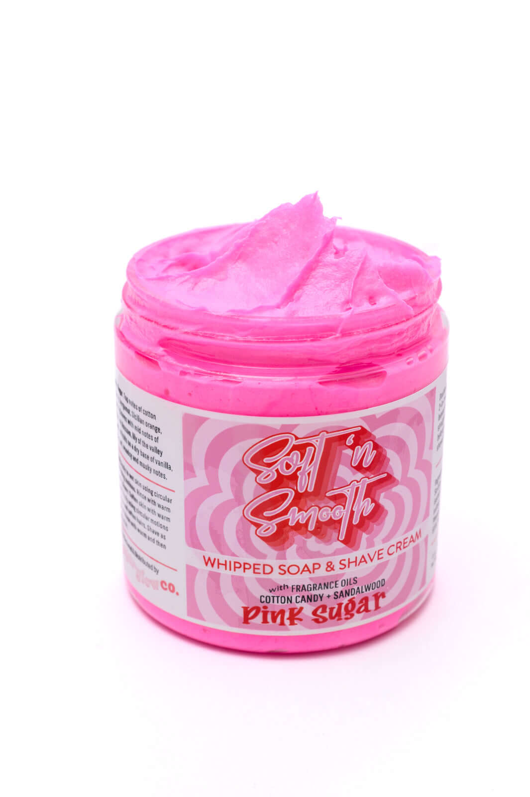 SugarGlowCo. Whipped Soap Pink Sugar in a defective container with a damaged label offered at discount due to potential leakage issues.