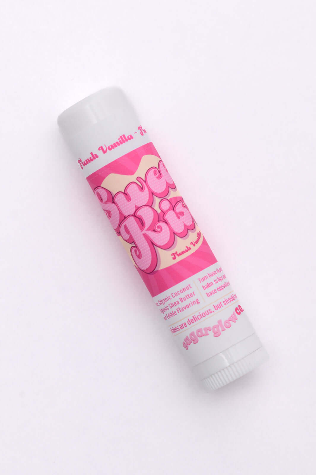 SugarGlow Co Sweet Kiss Lip Balm French Vanilla Almost Perfect in white tube with pink label