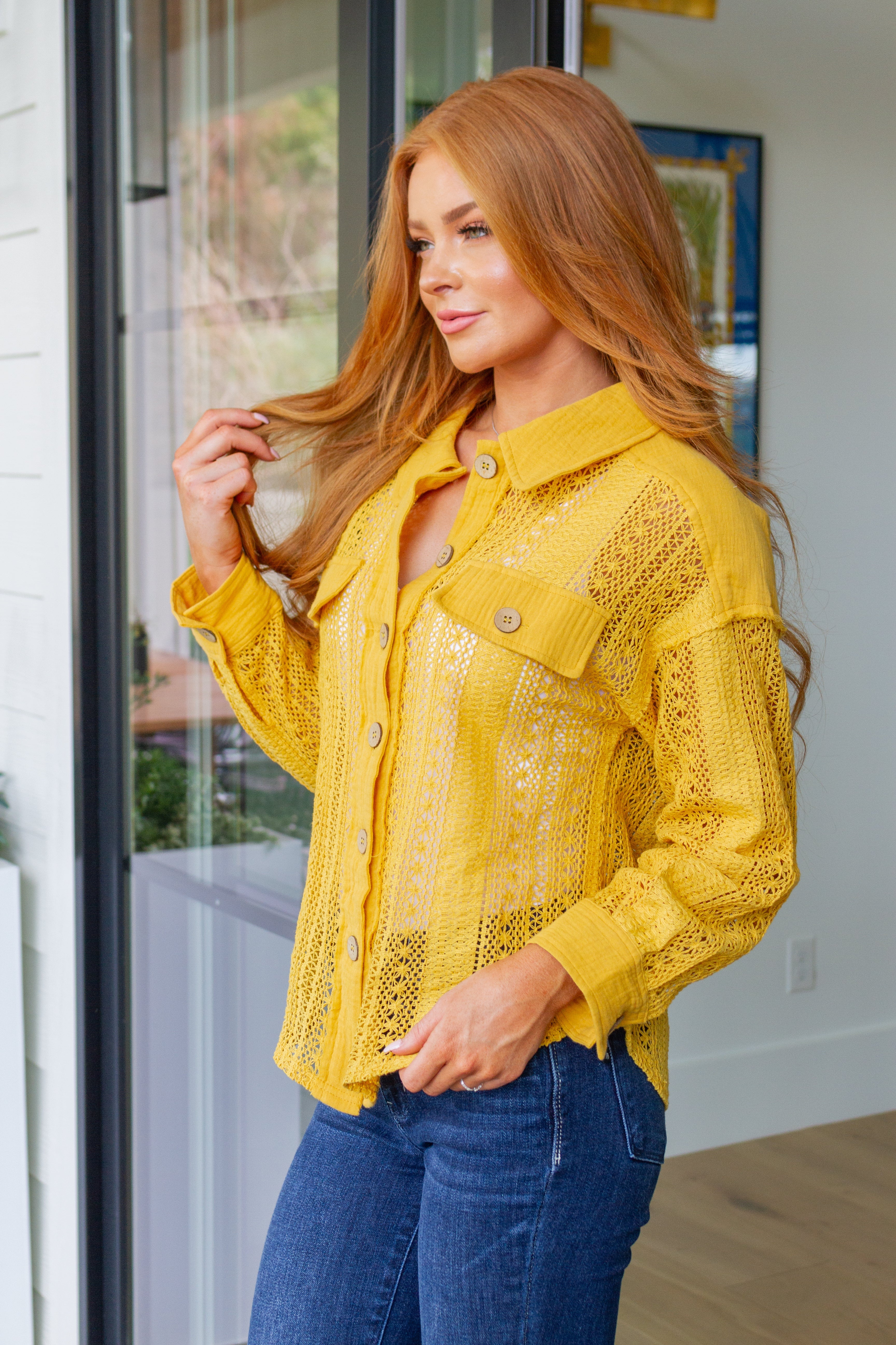 BeautybyShree Sweeter Than Nectar Lace Button Down in Honey