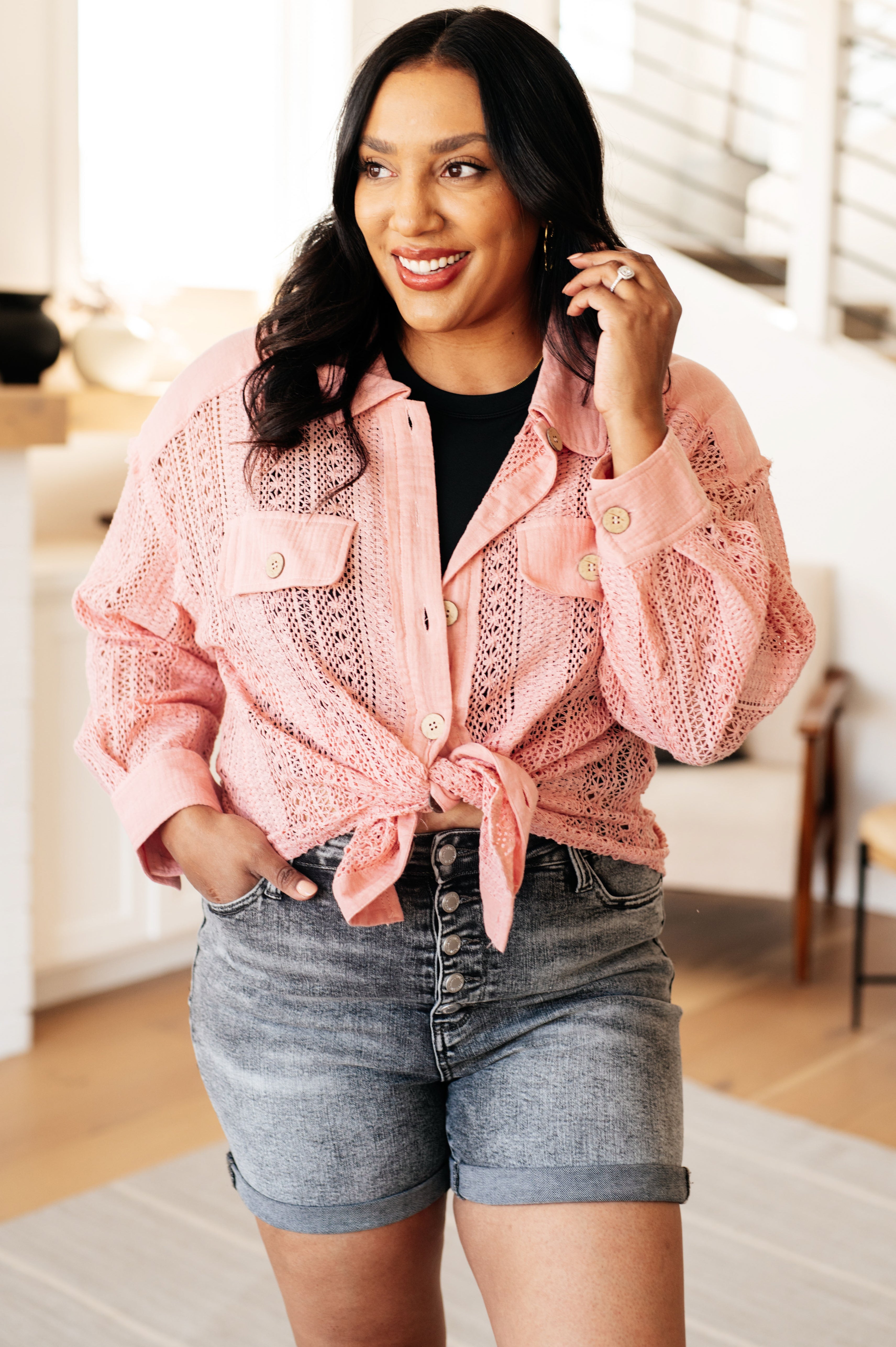 BeautybyShree Sweeter Than Nectar Lace Button Down in Rose