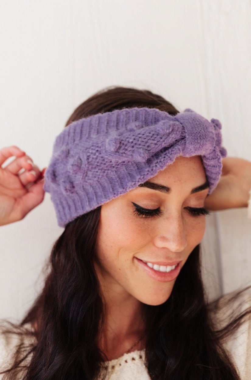 BeautybyShree Pom Knit Head Wrap In Periwinkle