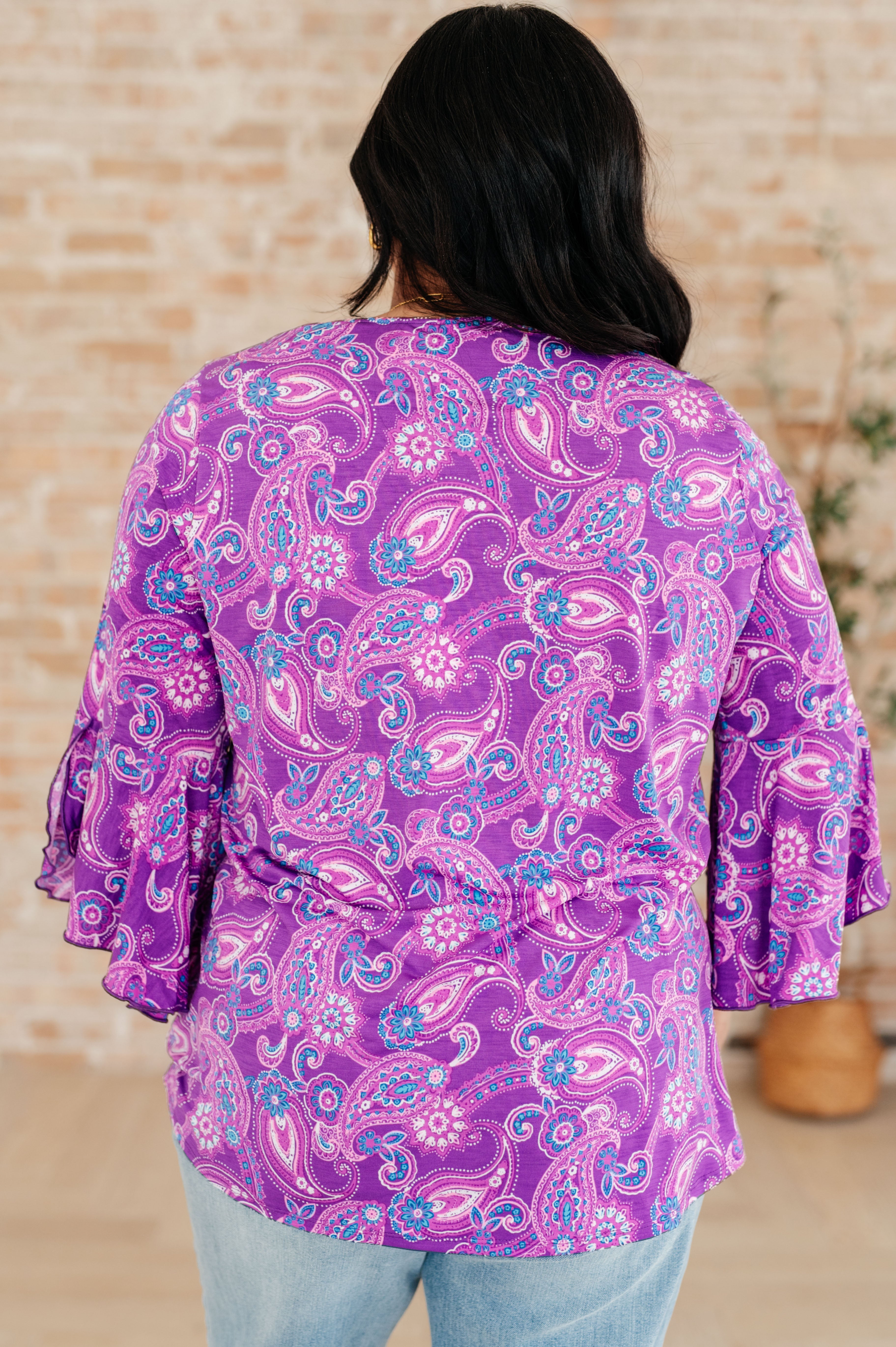 BeautybyShree Willow Bell Sleeve Top in Lavender Paisley