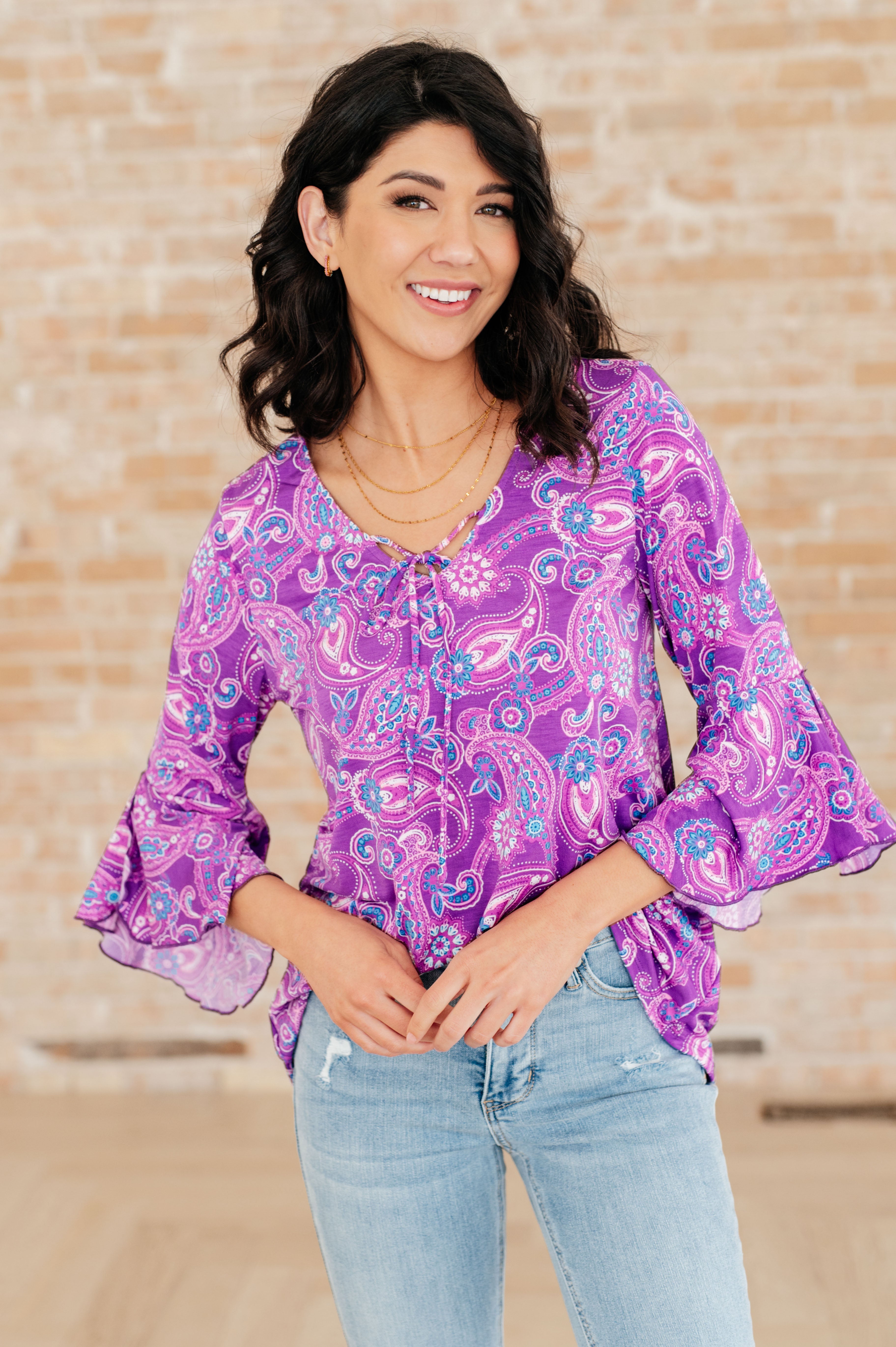 BeautybyShree Willow Bell Sleeve Top in Lavender Paisley