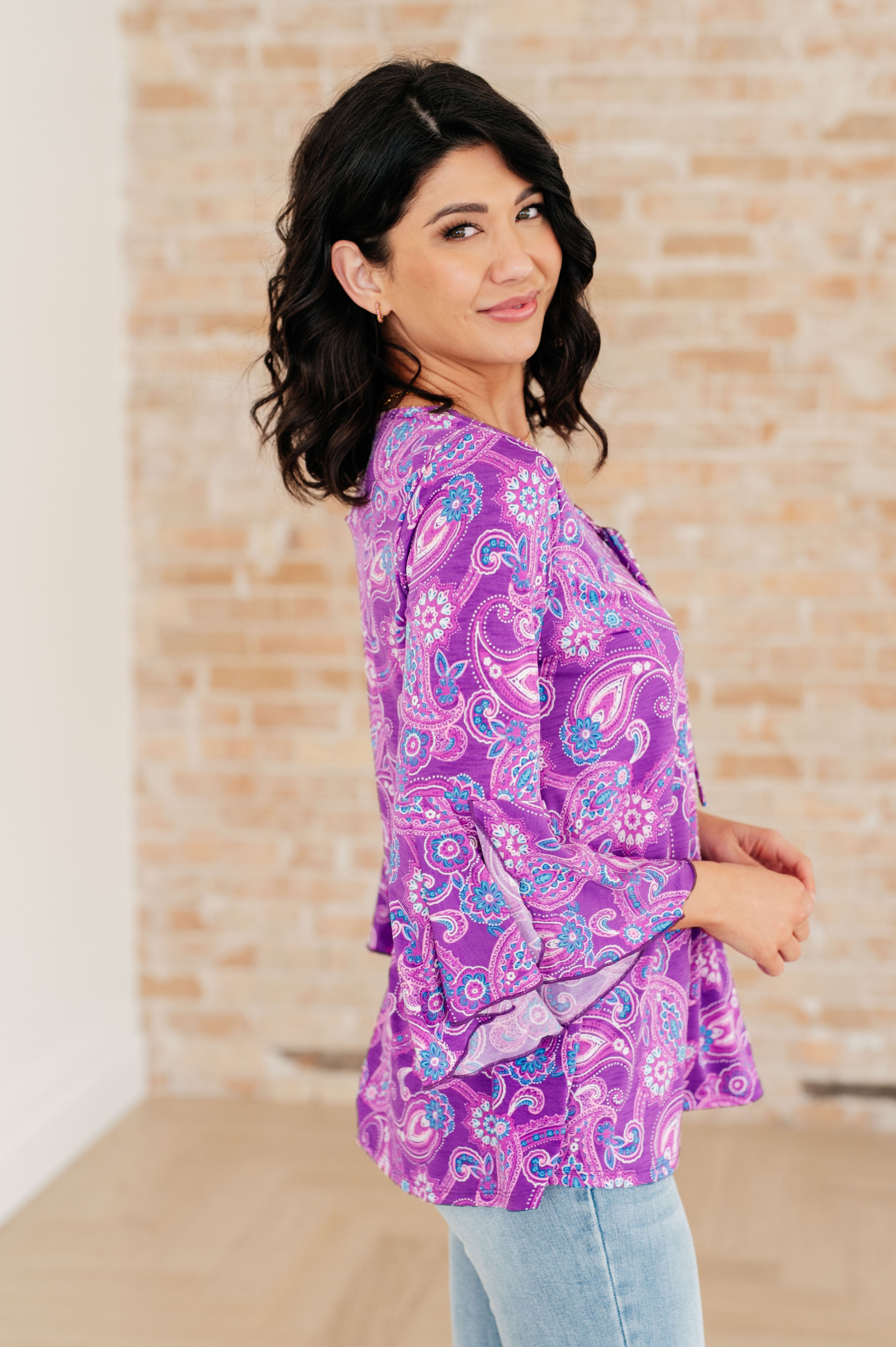 BeautybyShree Willow Bell Sleeve Top in Lavender Paisley