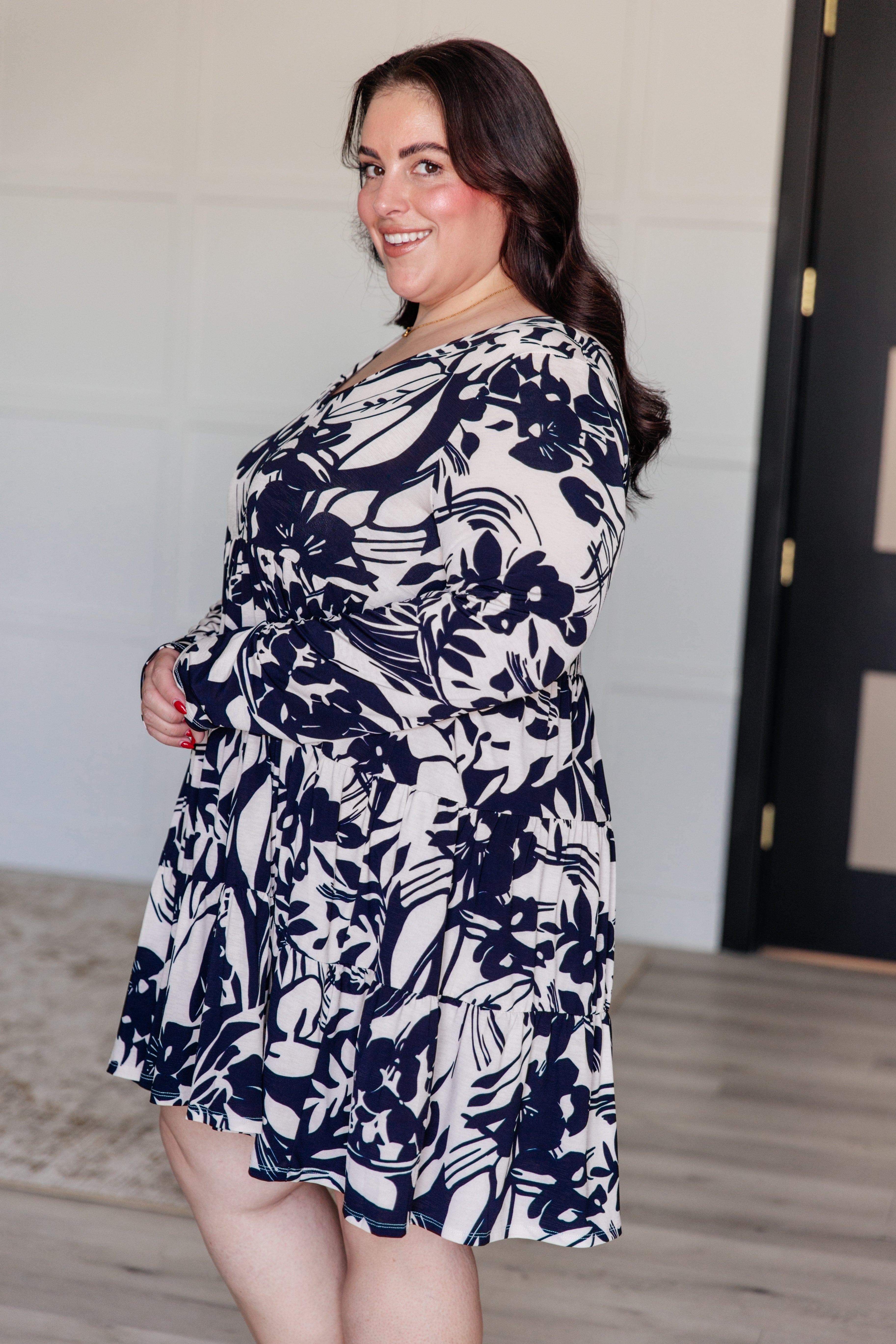 BeautybyShree Worthwhile Moment Floral Tiered Dress in Oatmeal and Navy